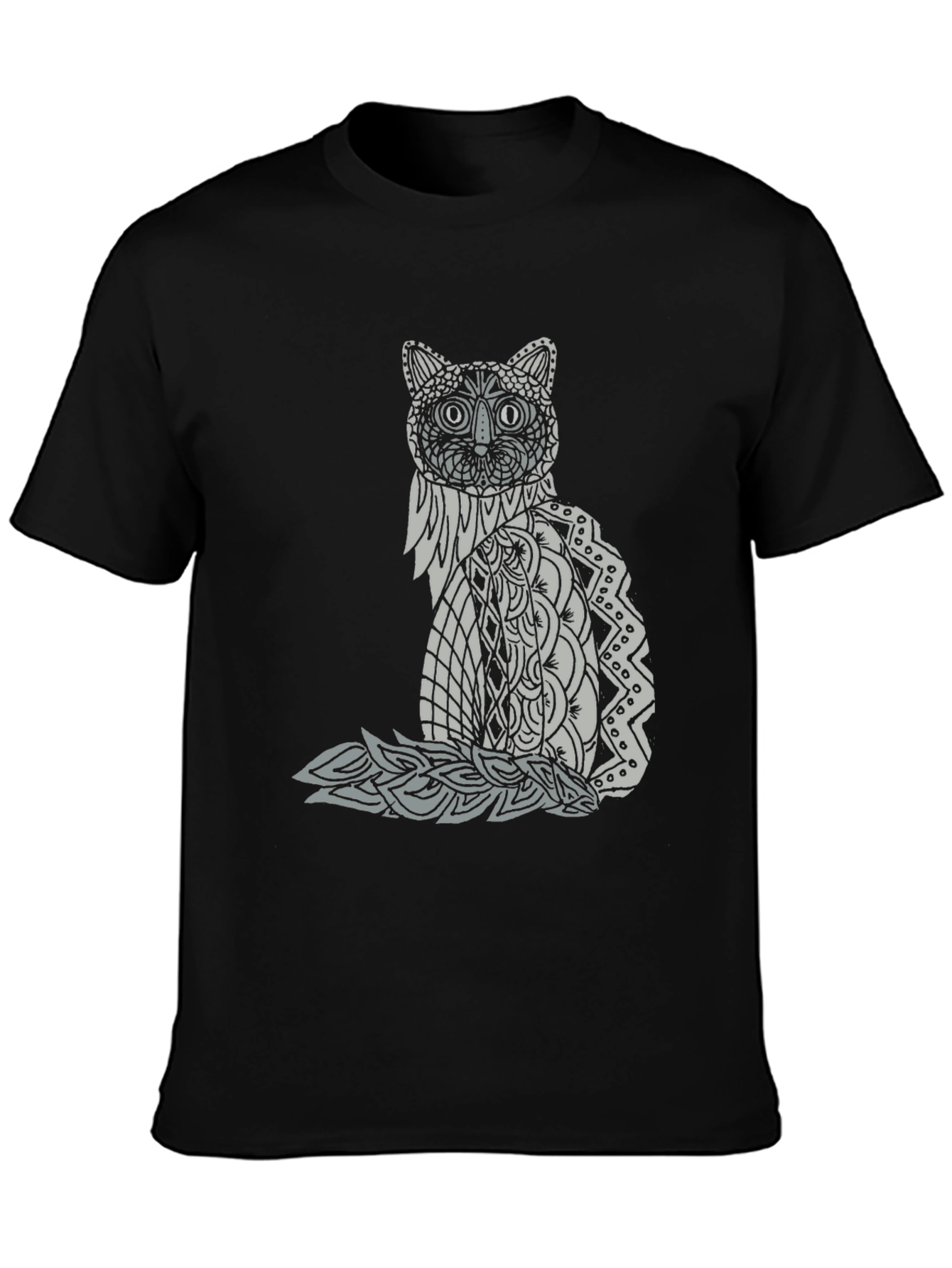 Black Abstract Cat Graphic Tee - Black Casual T-Shirt view 3
