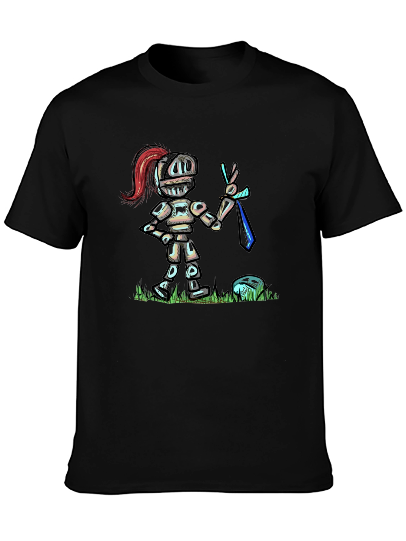 Black Cartoon Knight T-Shirt - Black Cotton Tee view 3