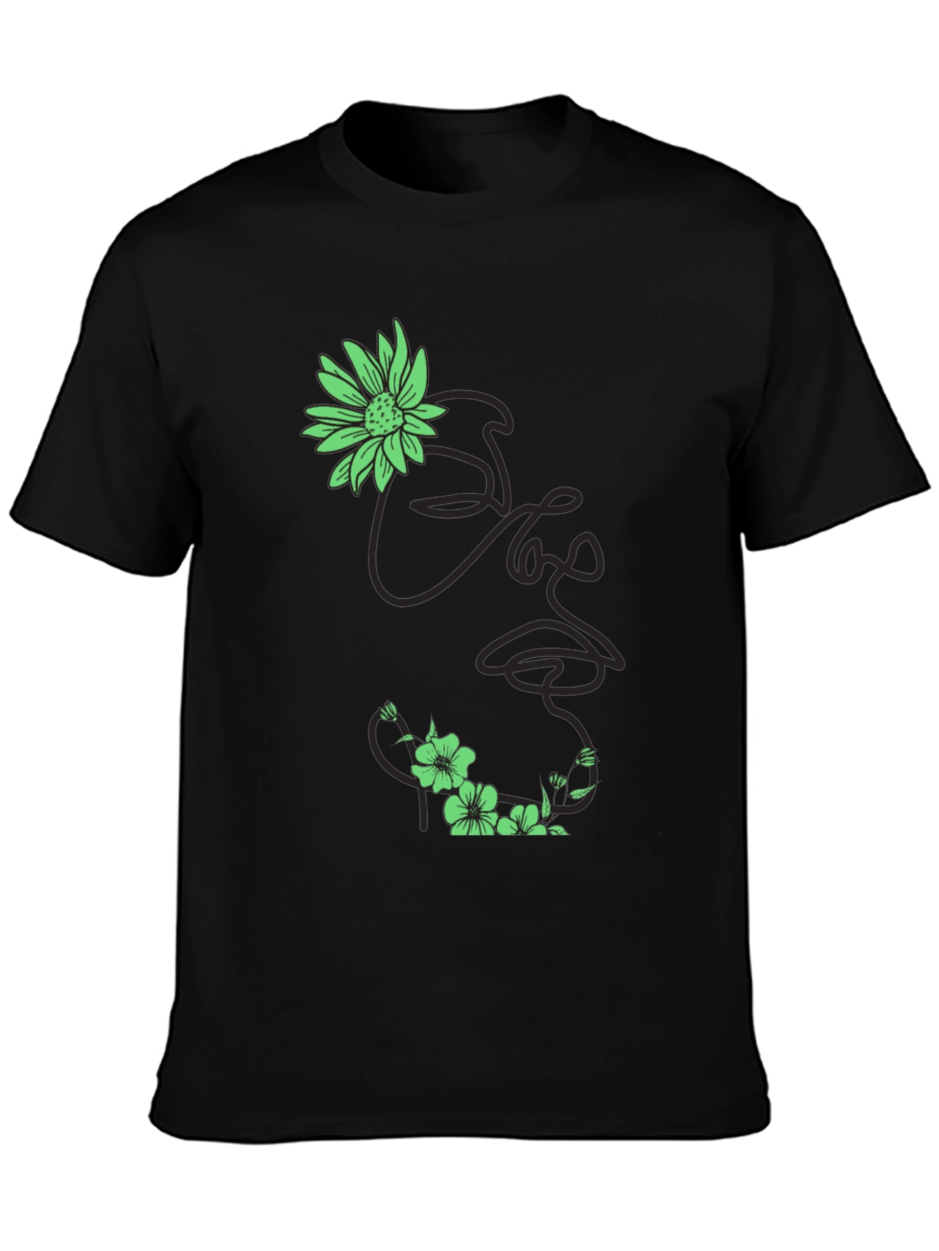 Black Floral Face Line Art Black T-Shirt view 3