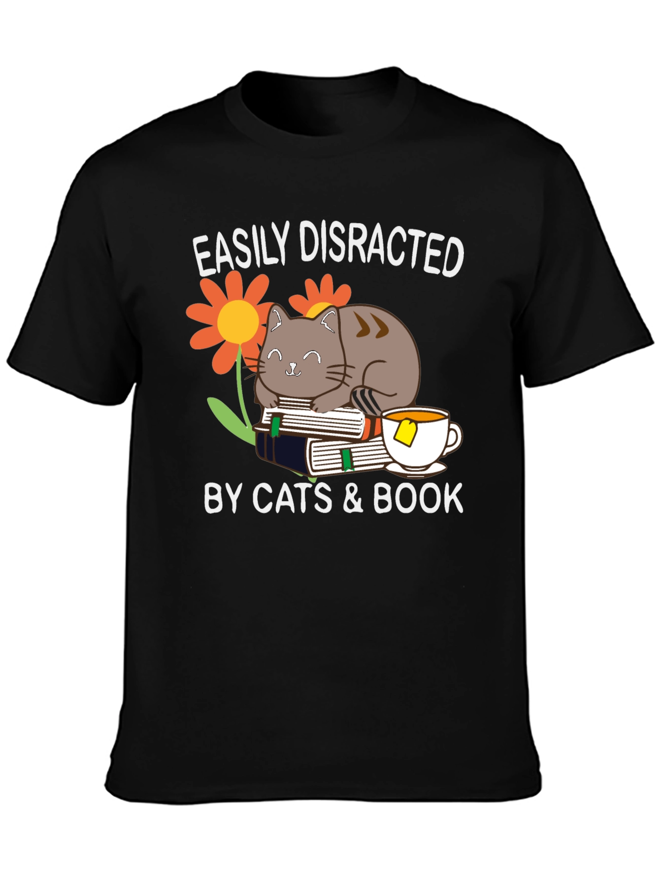 Black Easily Distracted By Cats & Books T-Shirt view 3