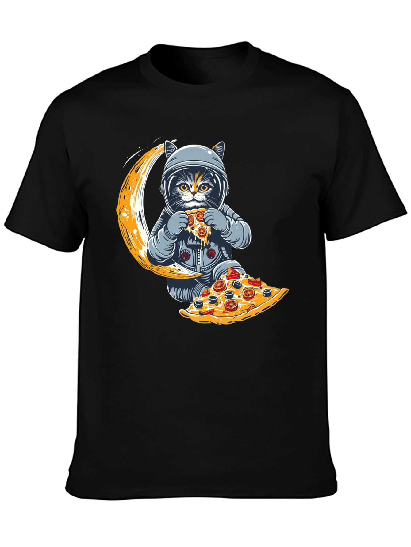 Black Astronaut Cat Pizza Moon T-Shirt view 3