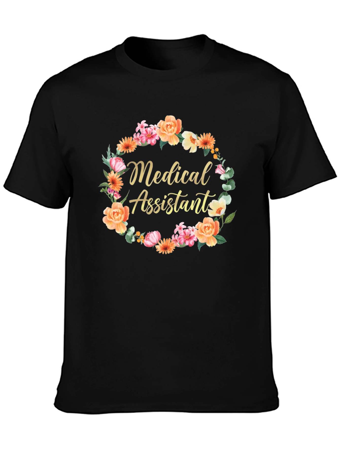 Black Medical Assistant Floral Wreath T-Shirt view 3