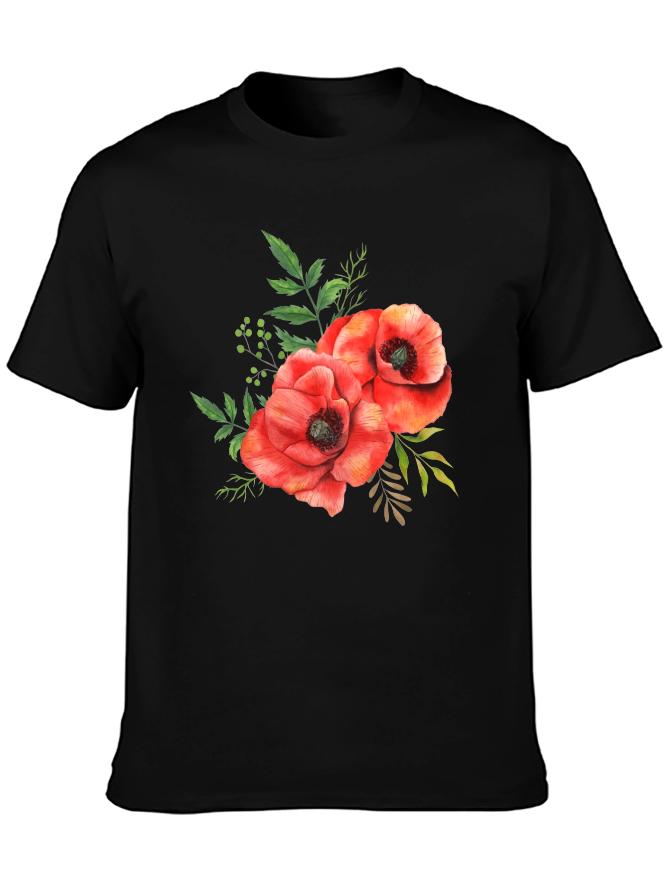 Black Floral Poppy T-Shirt - Black Cotton Tee view 3