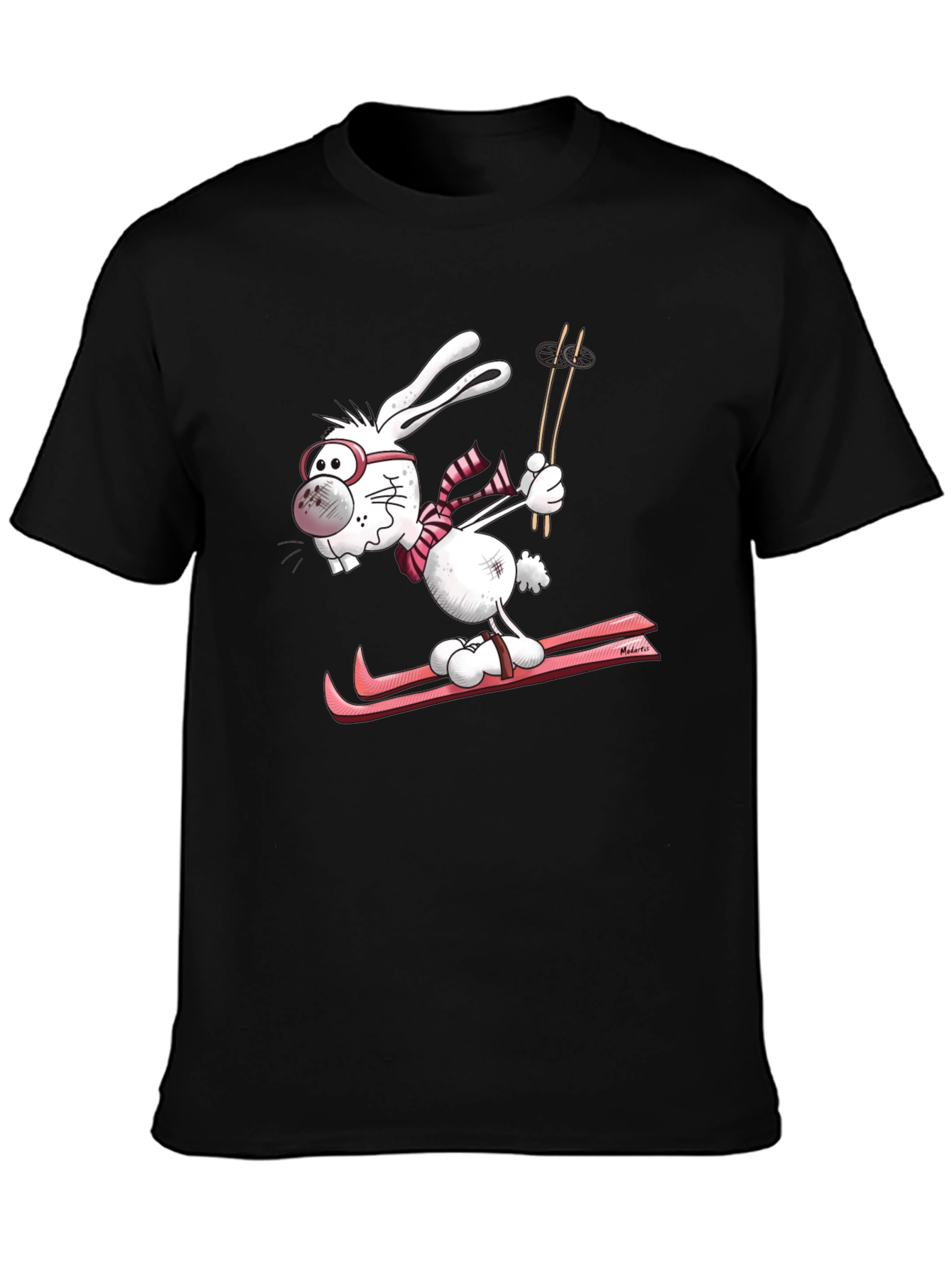 Black Skiing Bunny Graphic Tee - Unisex Black Cotton T-Shirt view 3