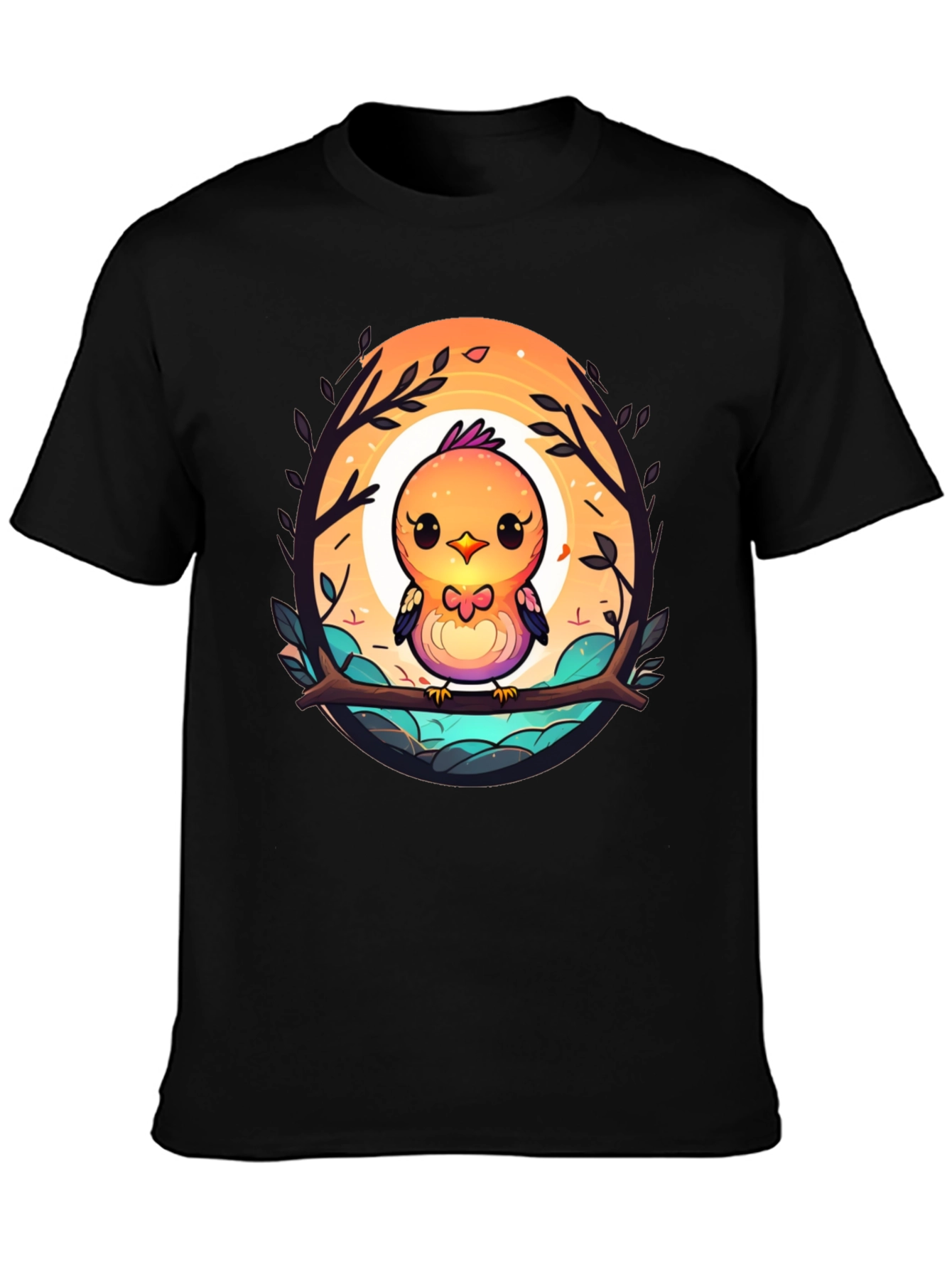 Black Cute Cartoon Bird T-Shirt - Unisex Black Tee view 3