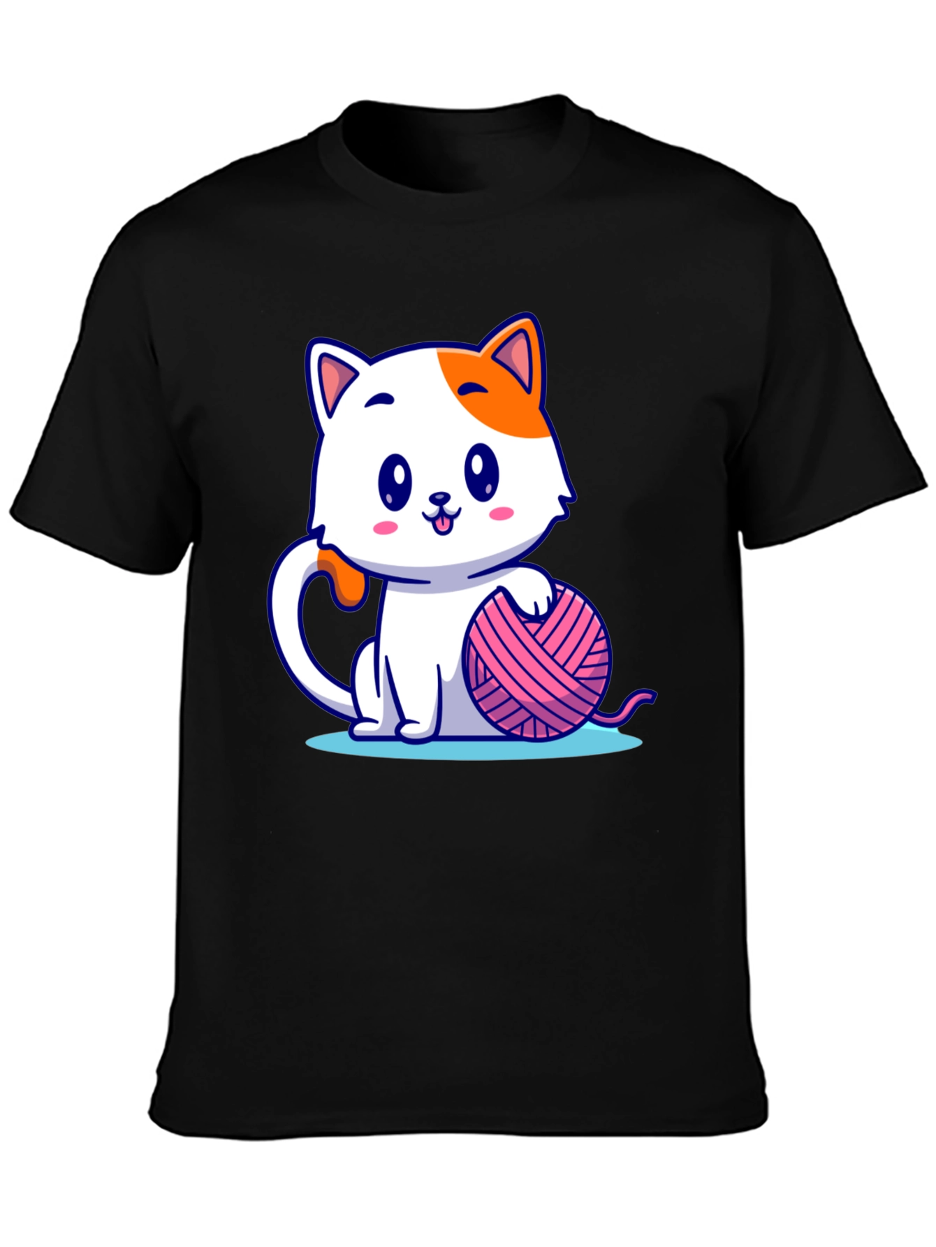 Black Cute Cartoon Cat with Yarn Ball Graphic Tee view 3