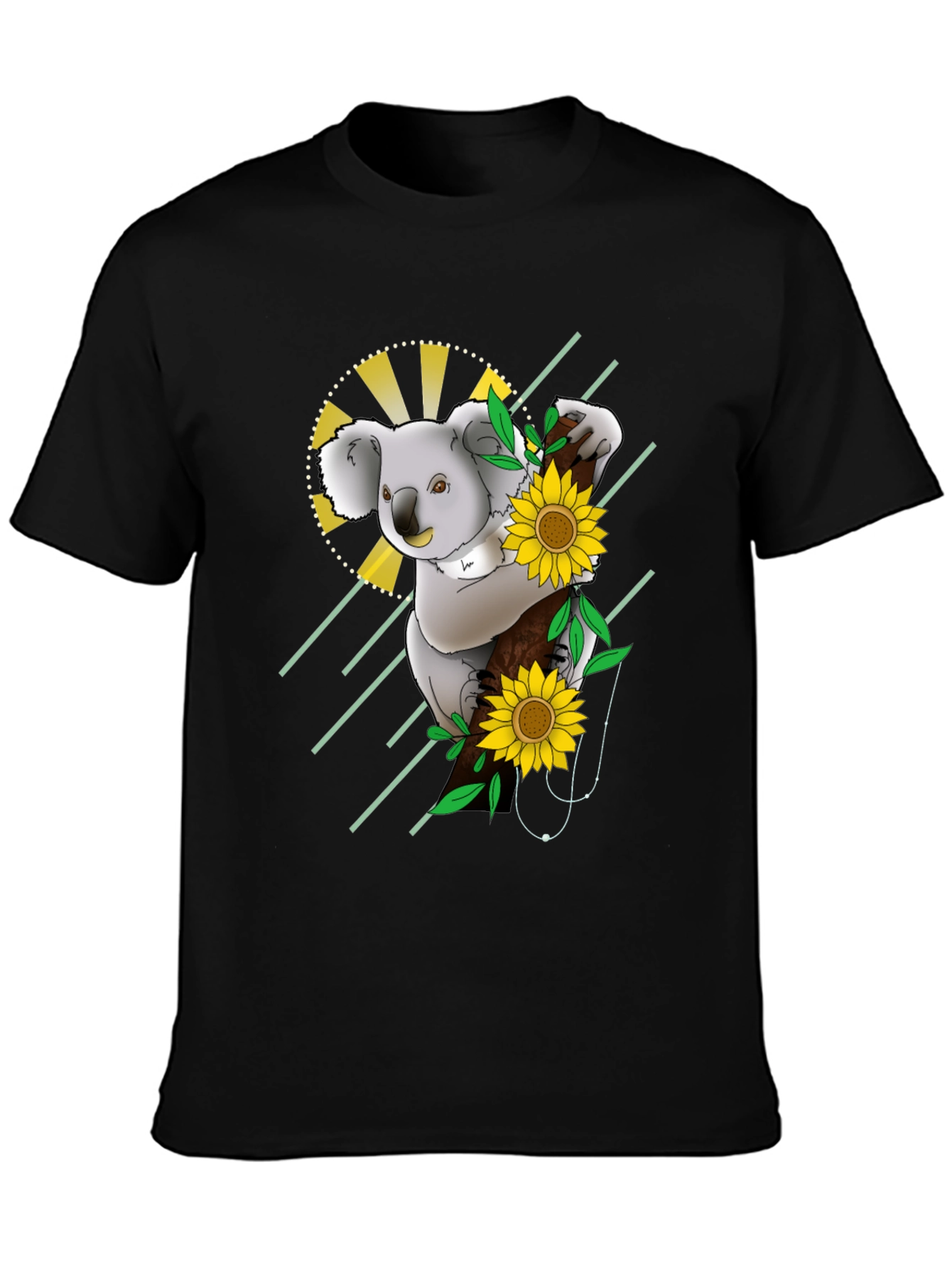 Black Koala & Sunflower Graphic Black T-Shirt view 3