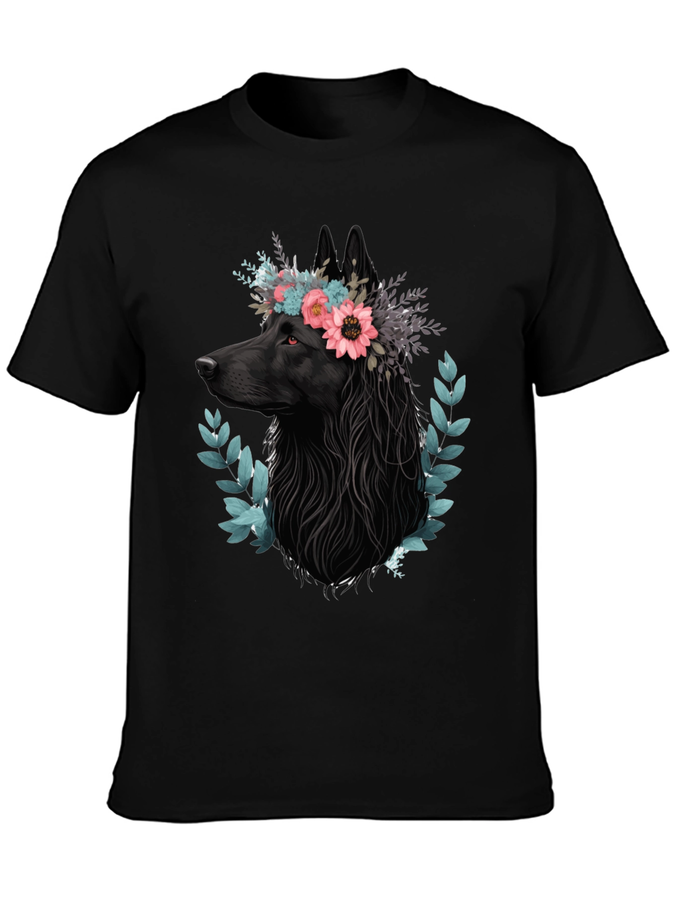 Black Black Wolf Floral Crown T-Shirt view 3