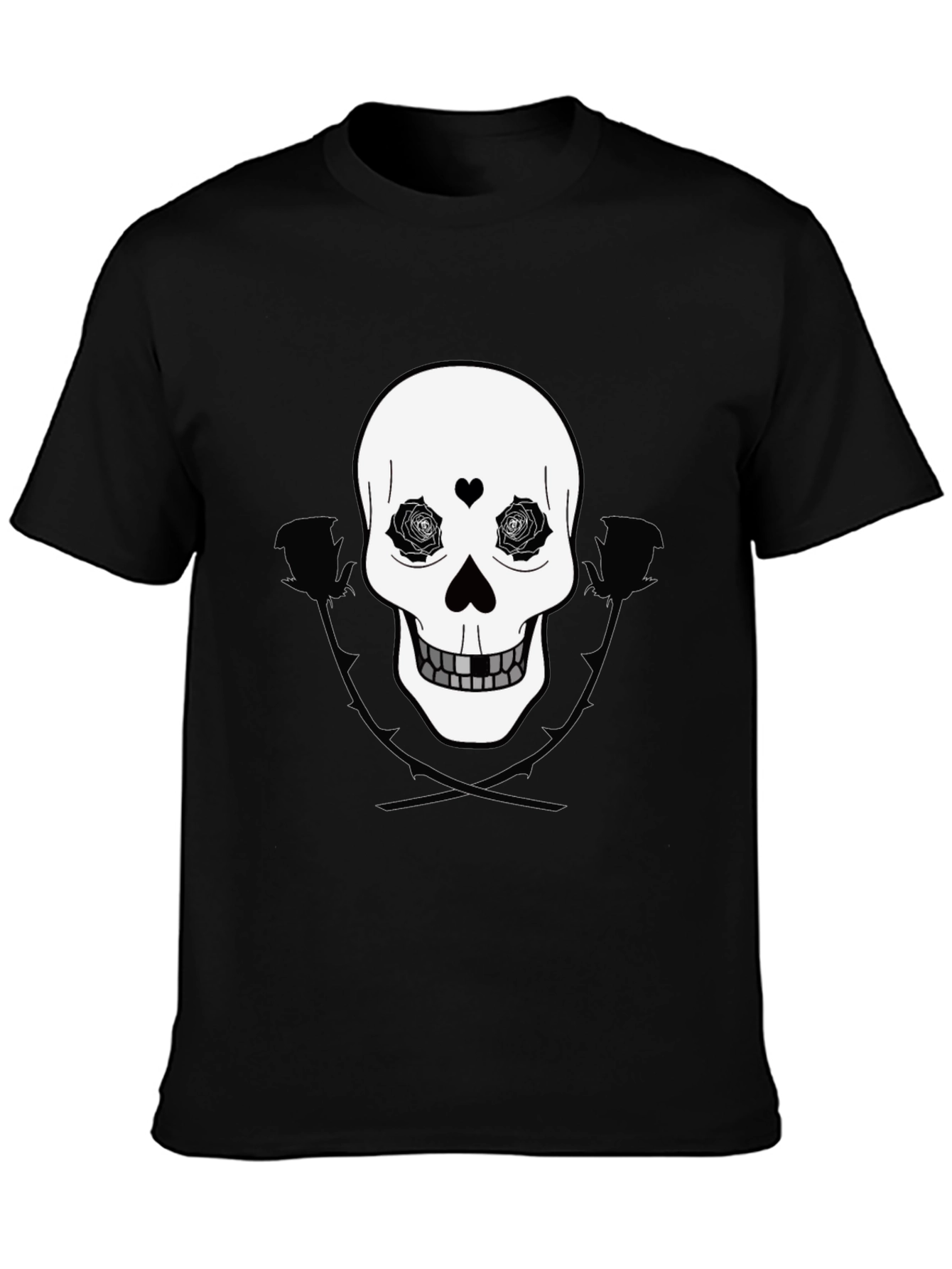 Black Skull & Roses Graphic Tee - Black Cotton Casual Wear view 3