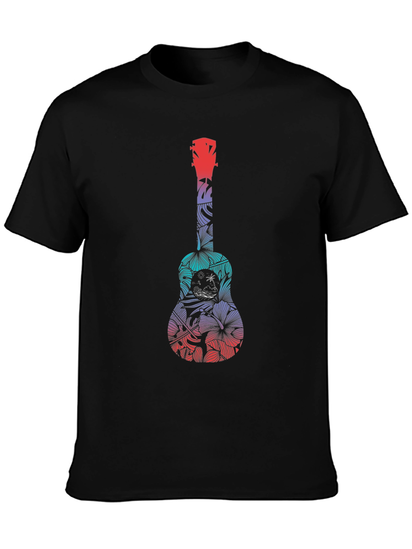 Black Tropical Ukulele Graphic Tee - Black Cotton T-Shirt view 3