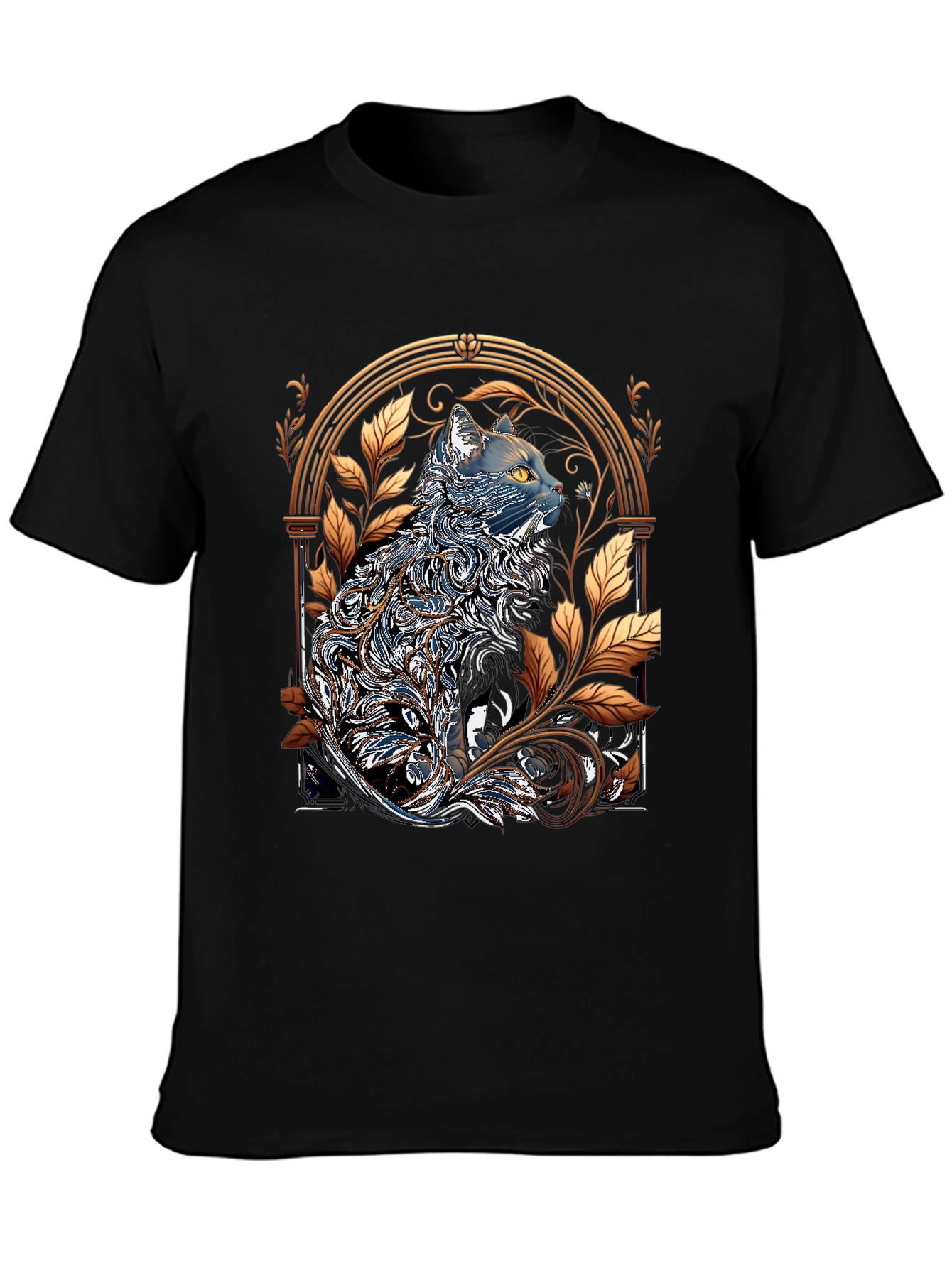 Black Ornate Cat Design Black T-Shirt view 3
