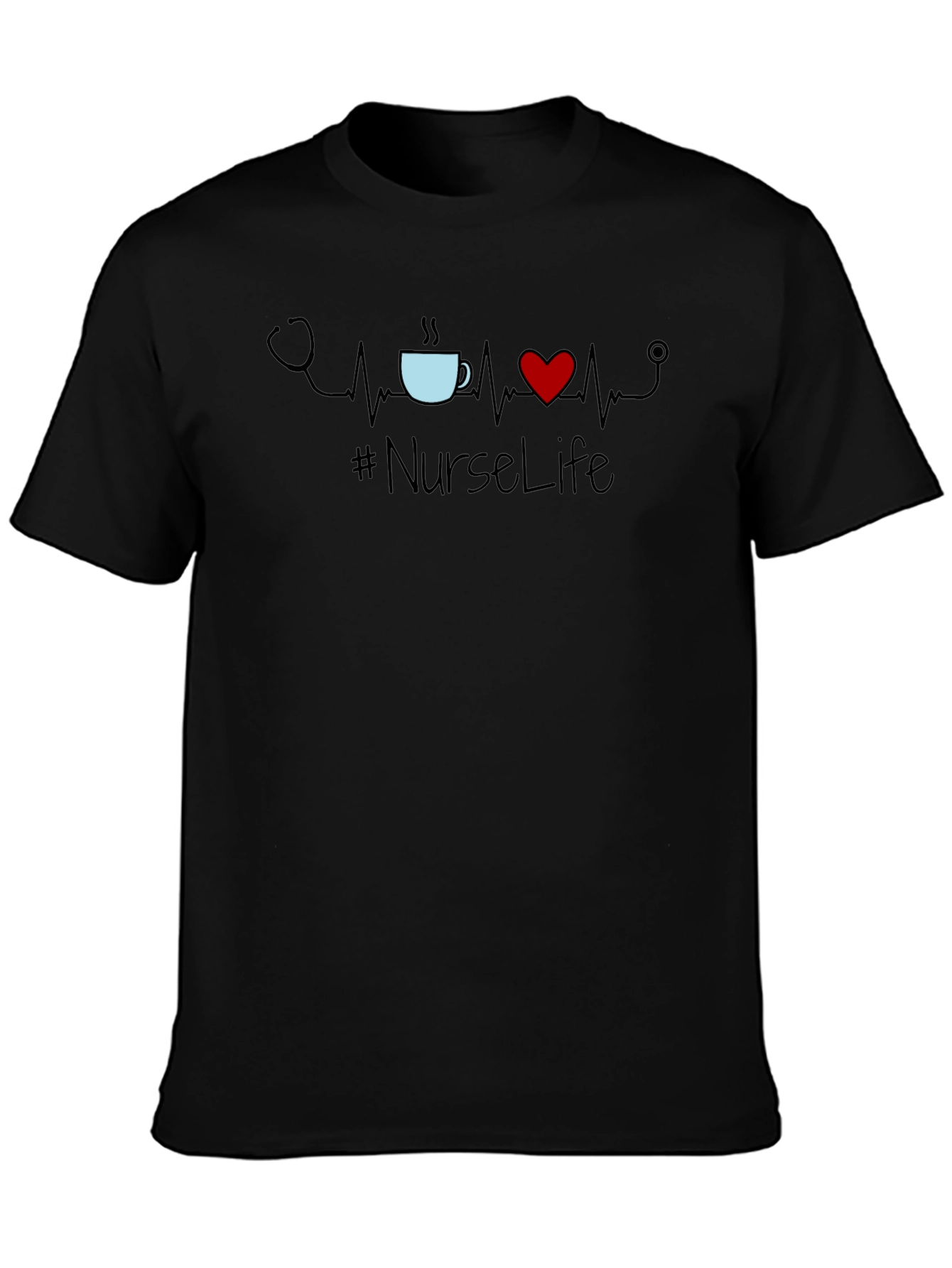 Black Nurse Life Tee - Stethoscope, Heartbeat, Coffee view 3