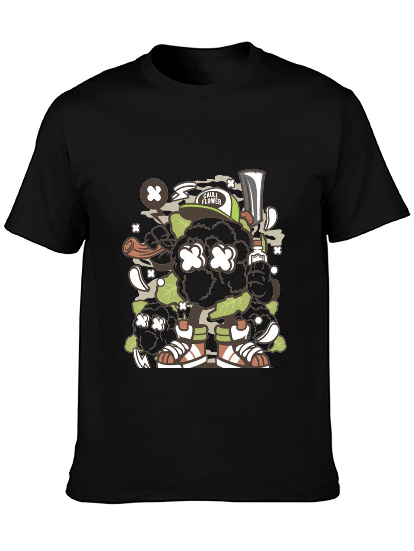 Black Cauliflower Cartoon Graphic Black T-Shirt view 3