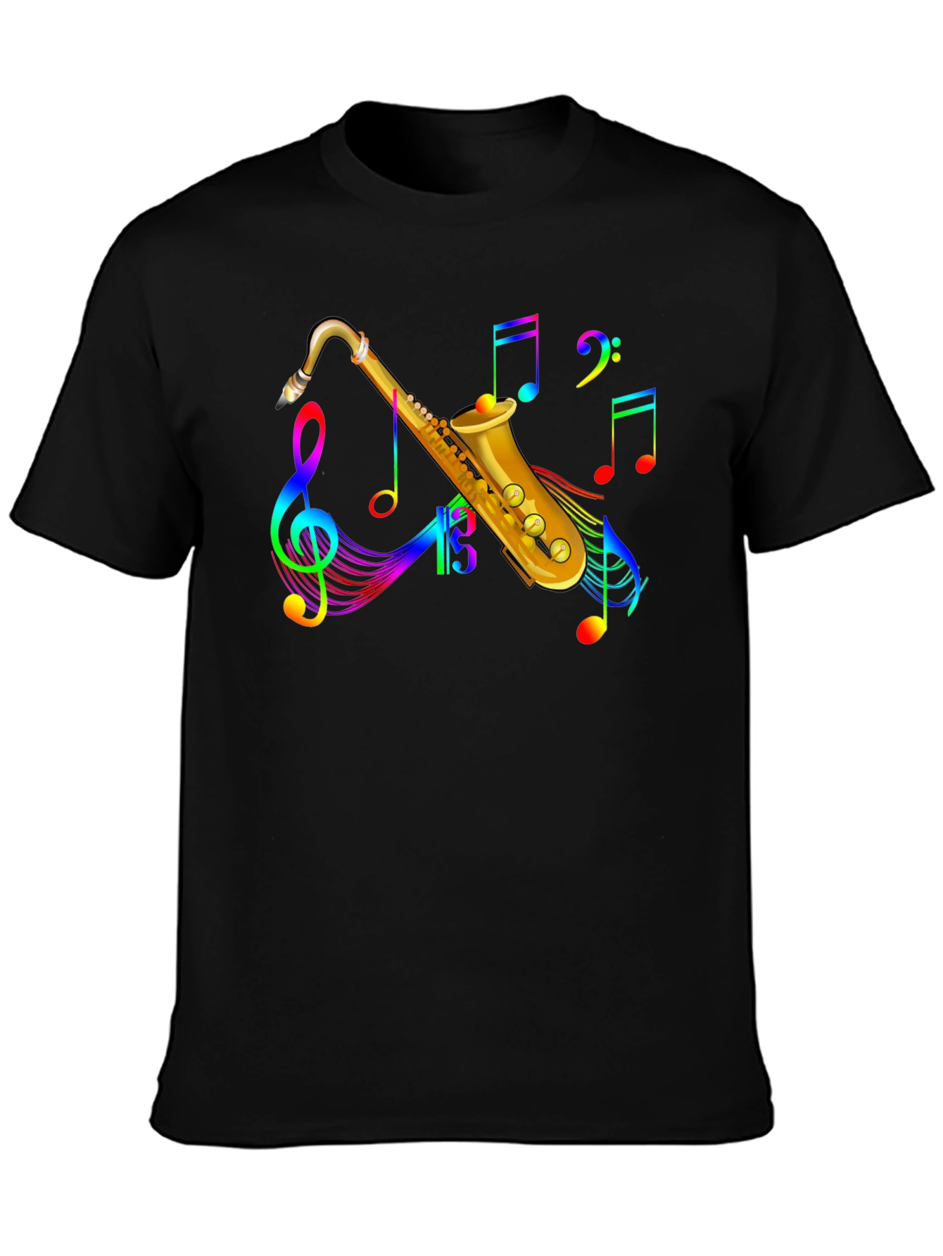 Black Rainbow Saxophone Music Notes Black T-Shirt view 3
