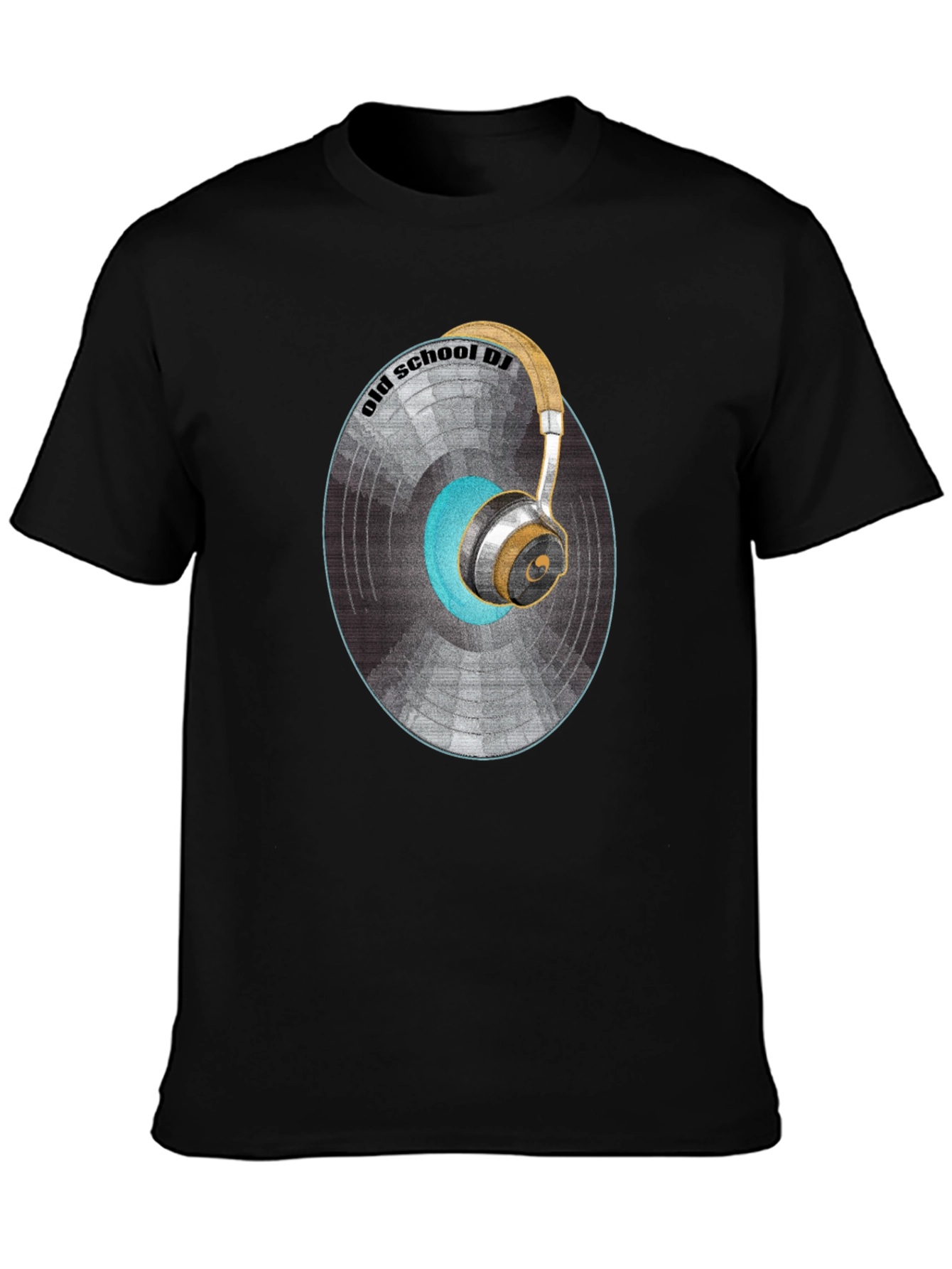 Black Old School DJ Graphic T-Shirt - Vintage Vinyl & Headphones Design view 3