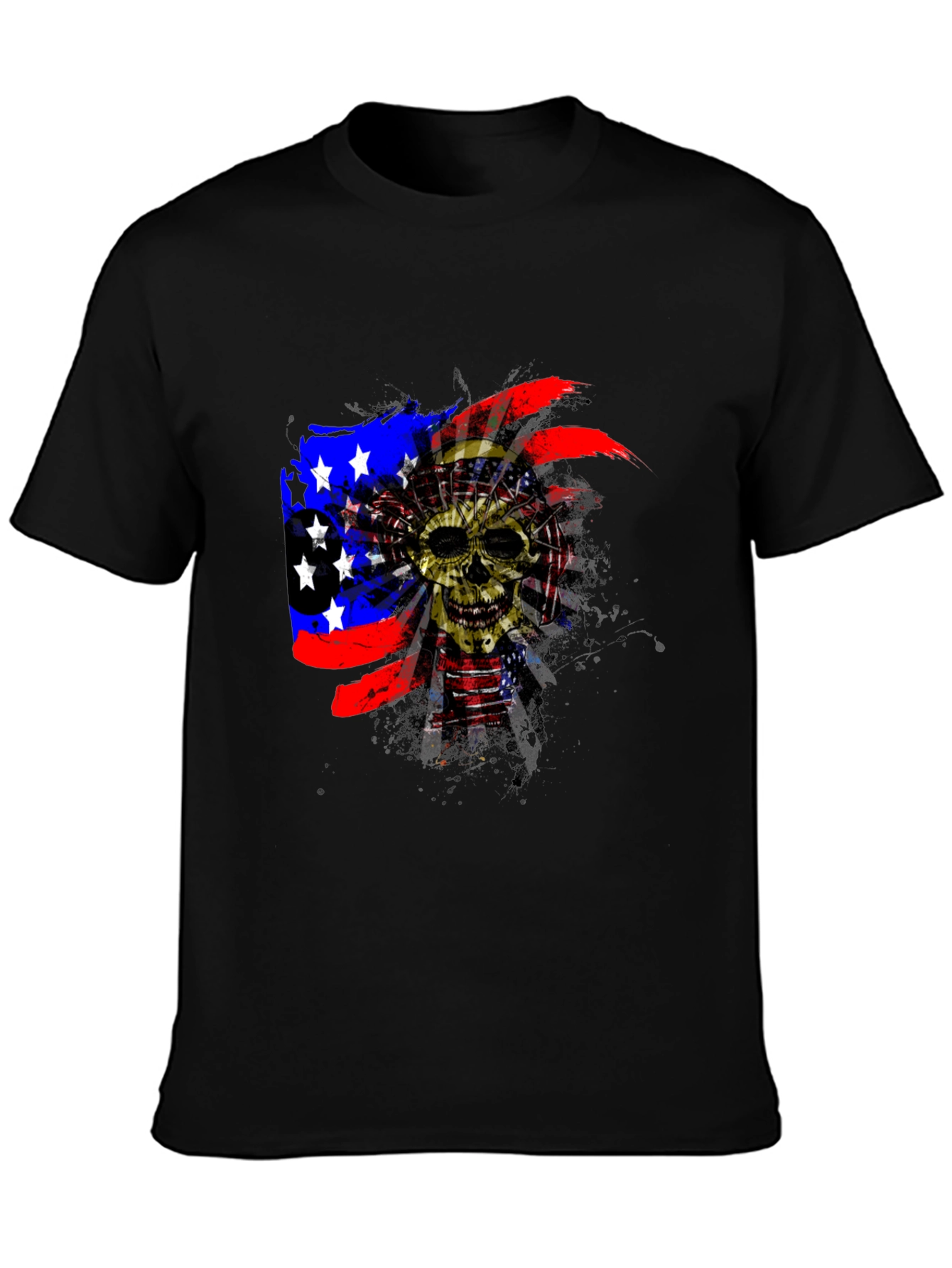 Black Skull American Flag Men's Black T-Shirt view 3