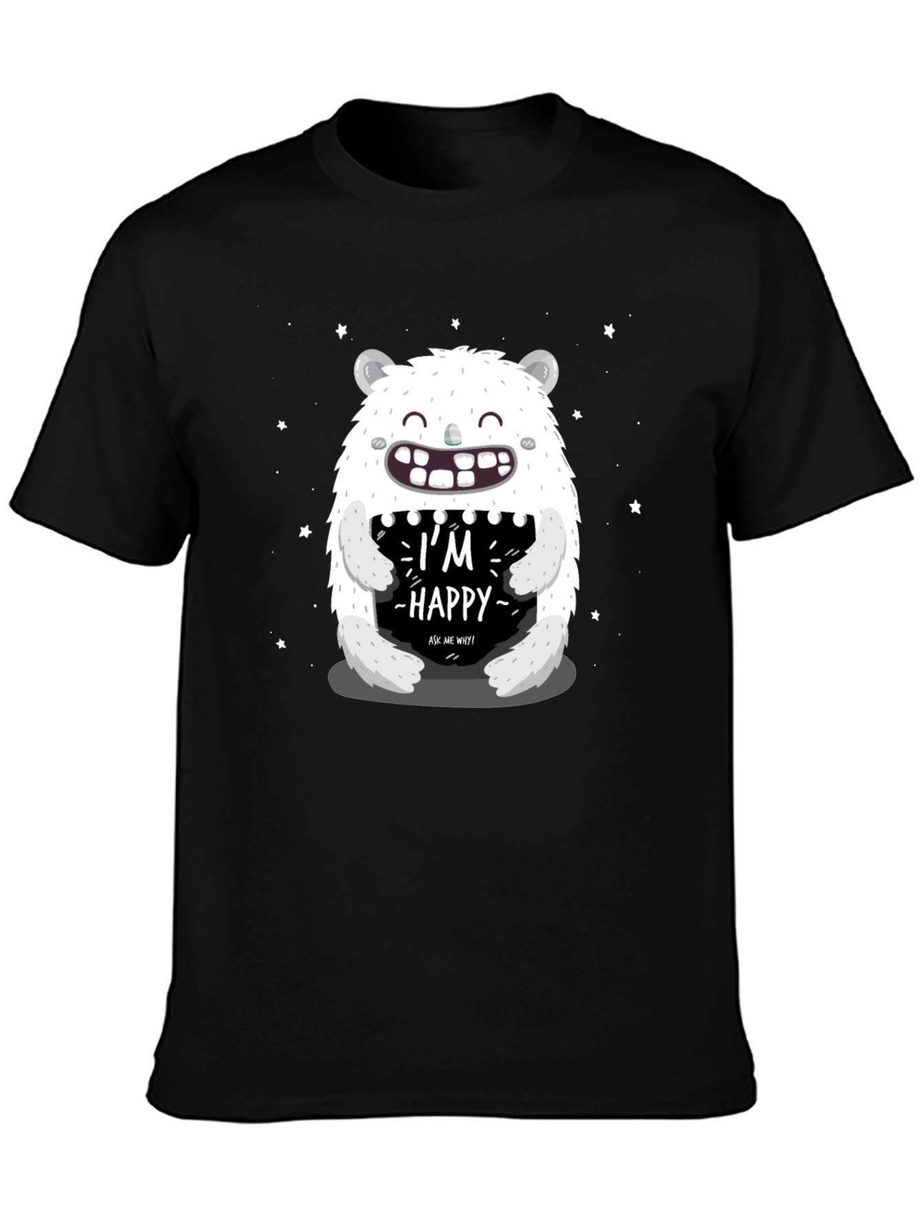 Black I'm Happy Monster Graphic Tee - Black Cotton Blend view 3