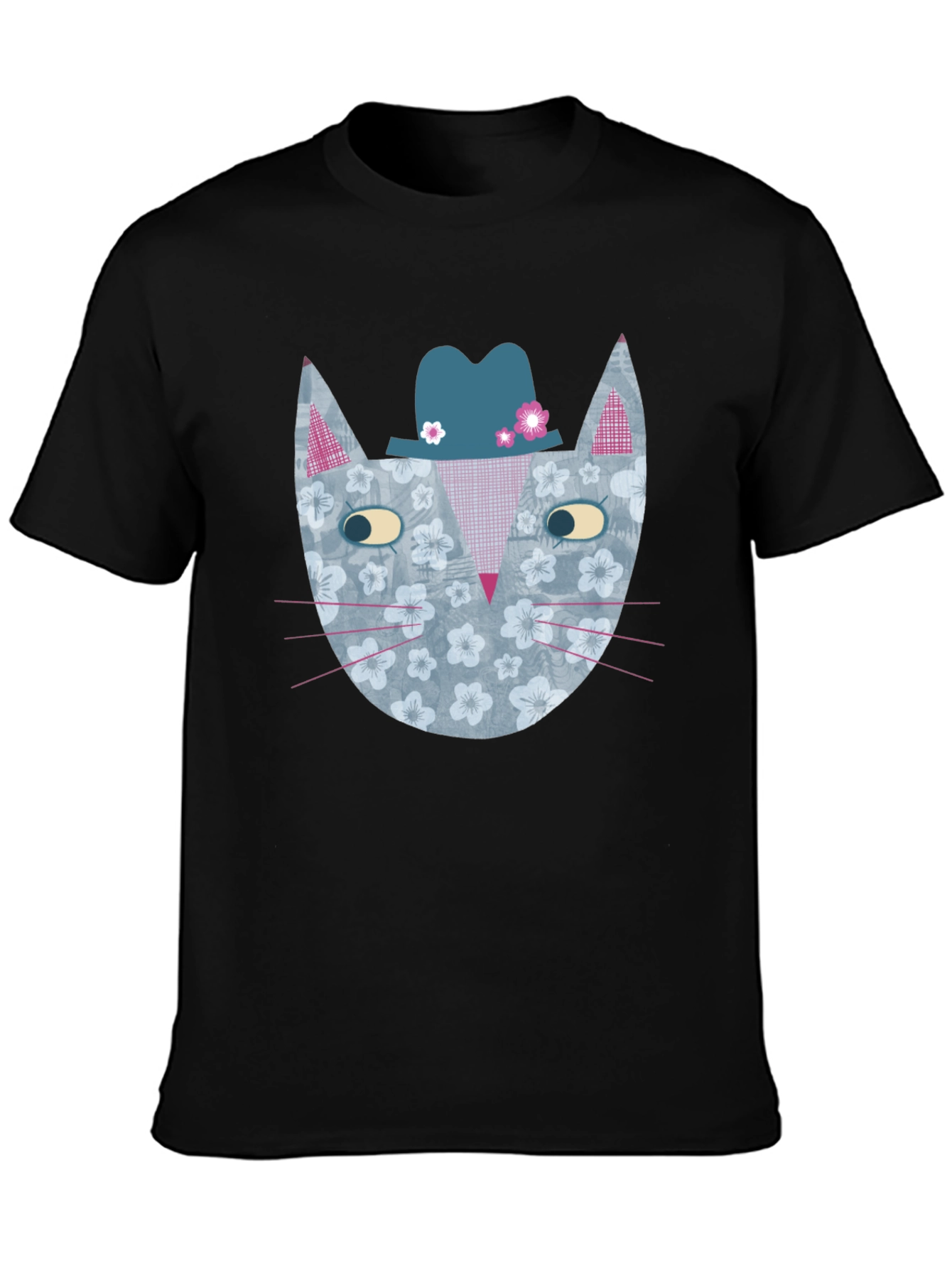 Black Floral Cat with Hat Men's Graphic Tee view 3