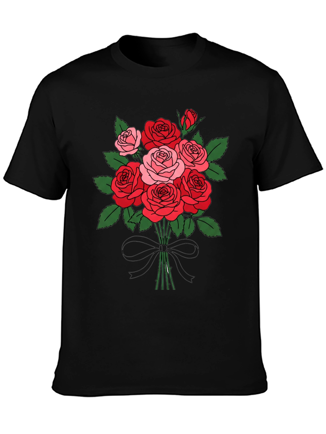 Black Floral Bouquet T-Shirt: Roses and Bow view 3