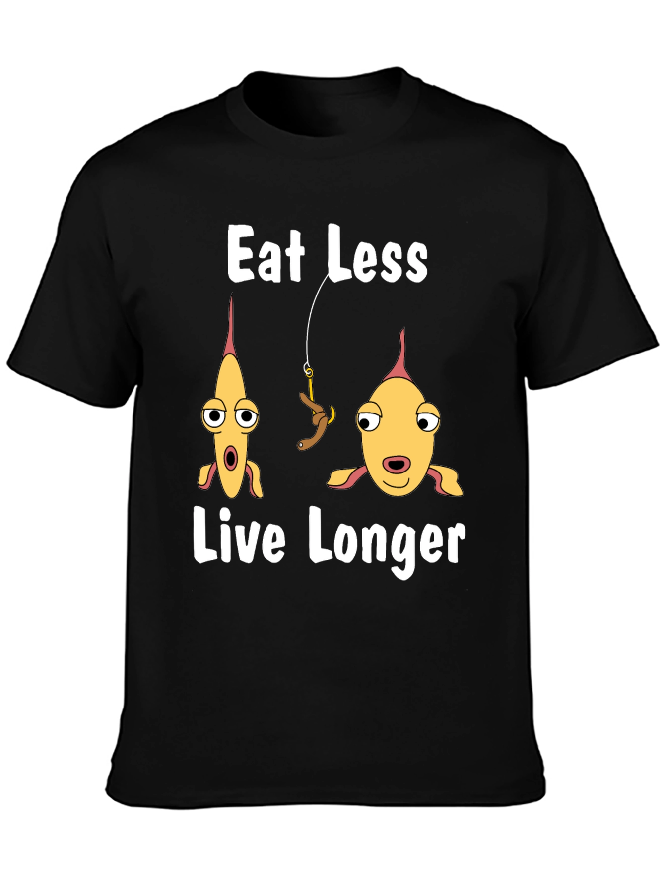Black Eat Less Live Longer Funny Fish Graphic T-Shirt view 3