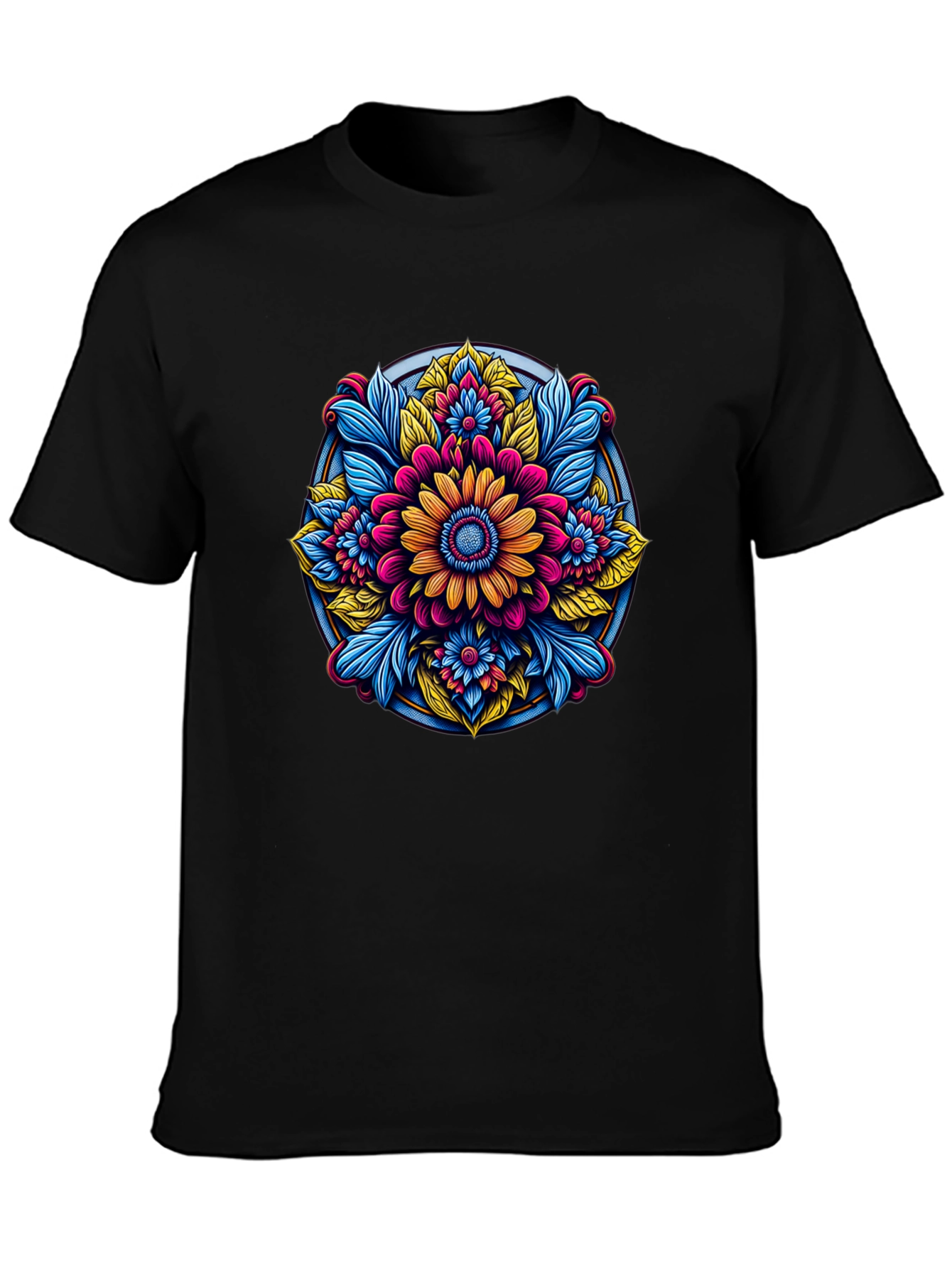 Black Floral Mandala Graphic Black T-Shirt view 3