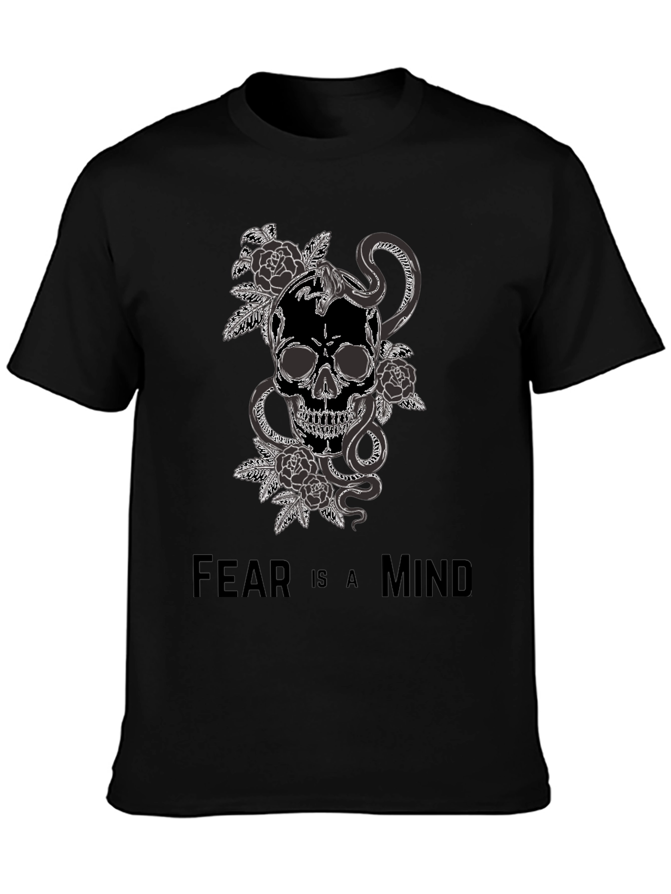 Black Skull Snake and Roses Graphic T-Shirt - Fear is a Mind view 3