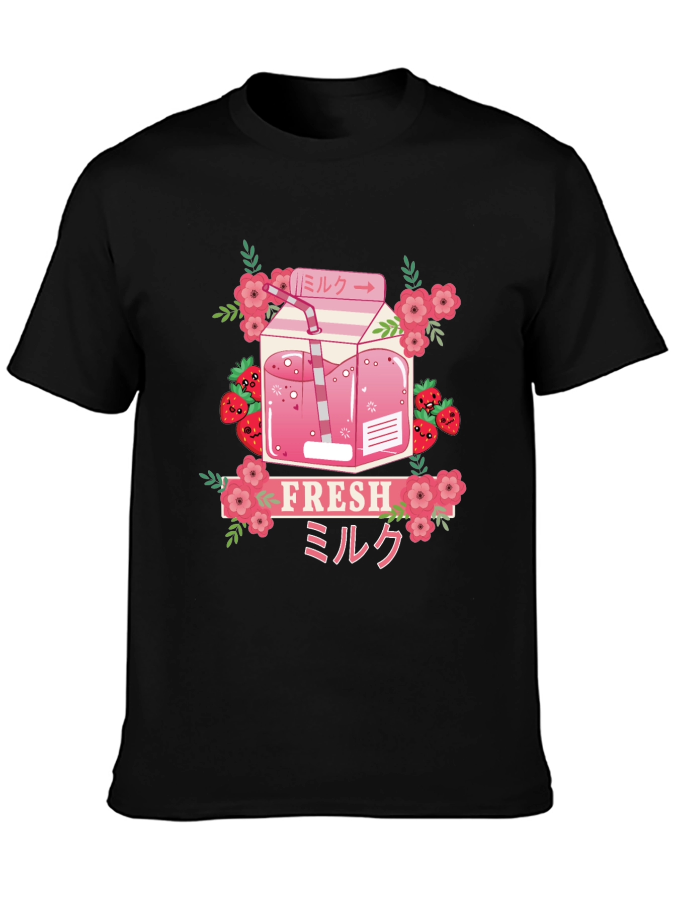 Black Strawberry Milk T-Shirt - Fresh Kawaii Design view 3