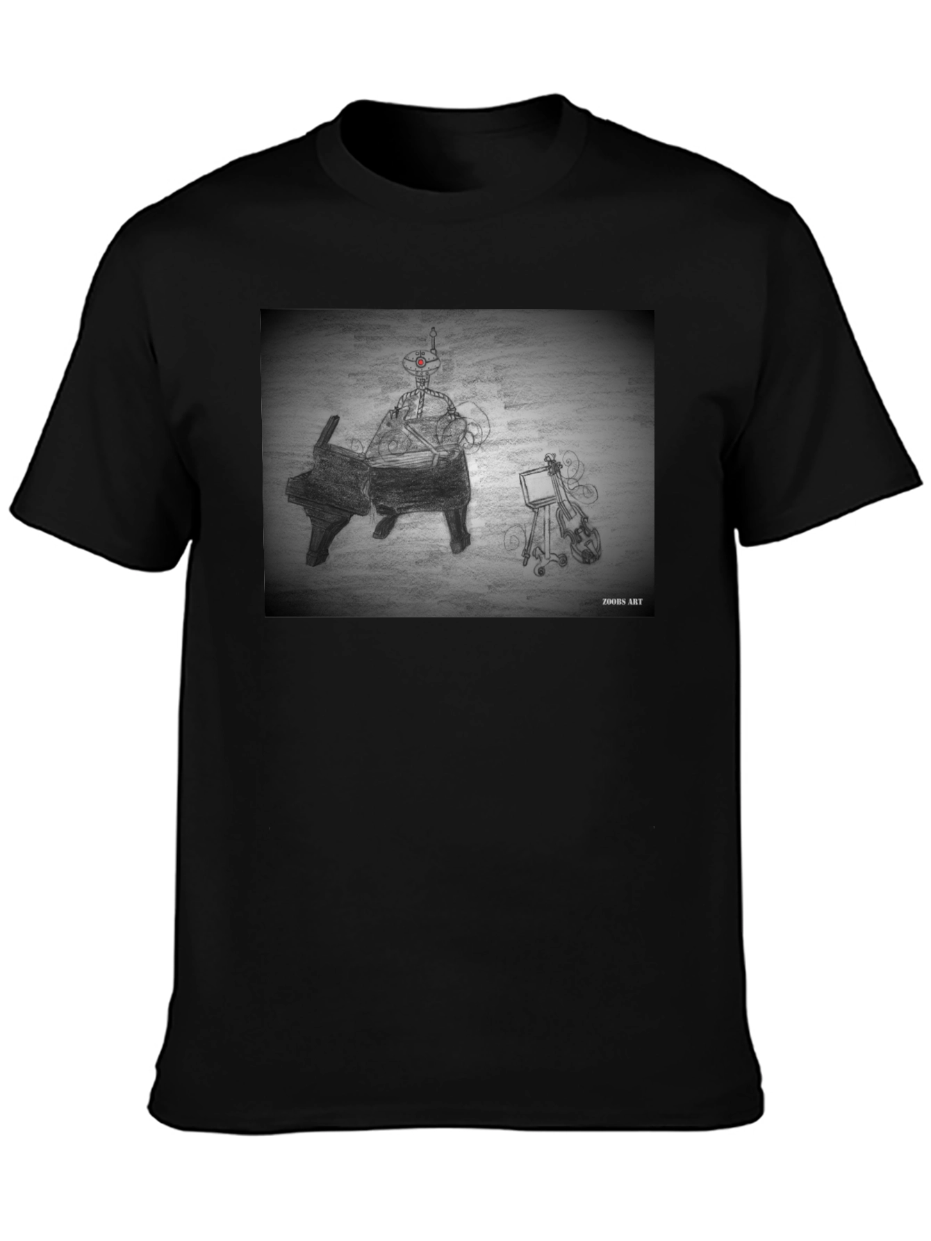 Black Robot Musician Tee - Artistic Black T-Shirt view 3