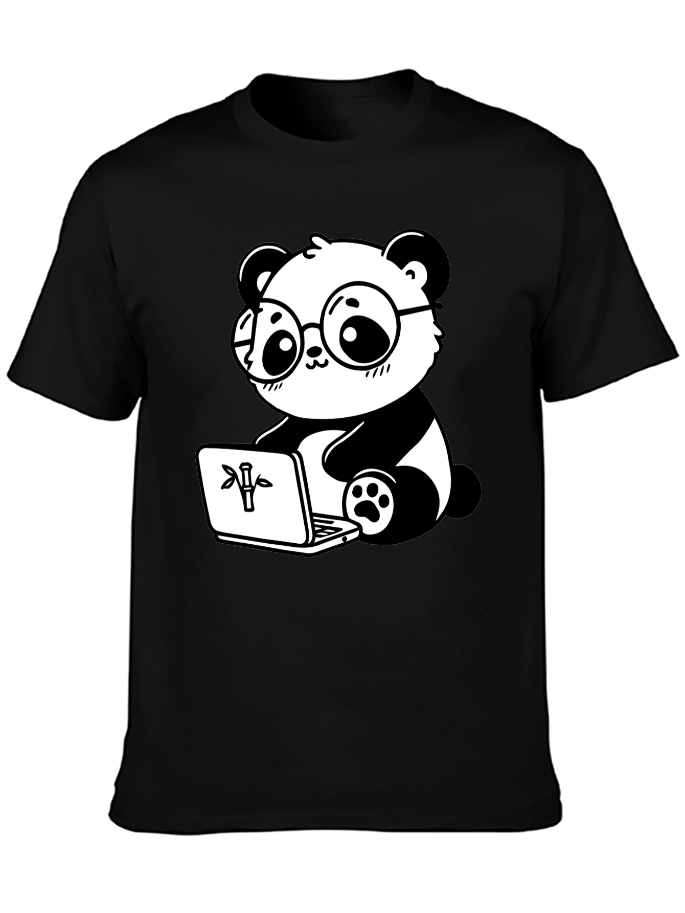 Black Cute Panda Laptop Graphic T-Shirt view 3