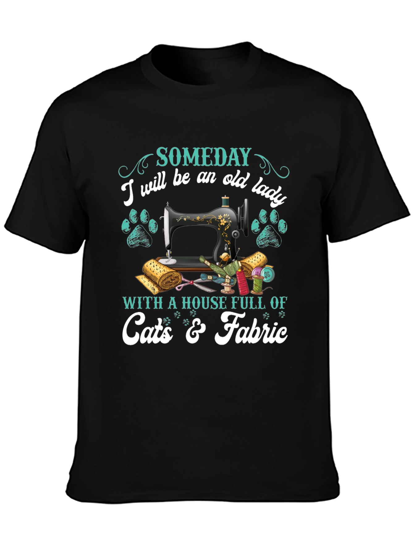 Black Old Lady Cats & Fabric T-Shirt Sewing Lover Shirt view 3
