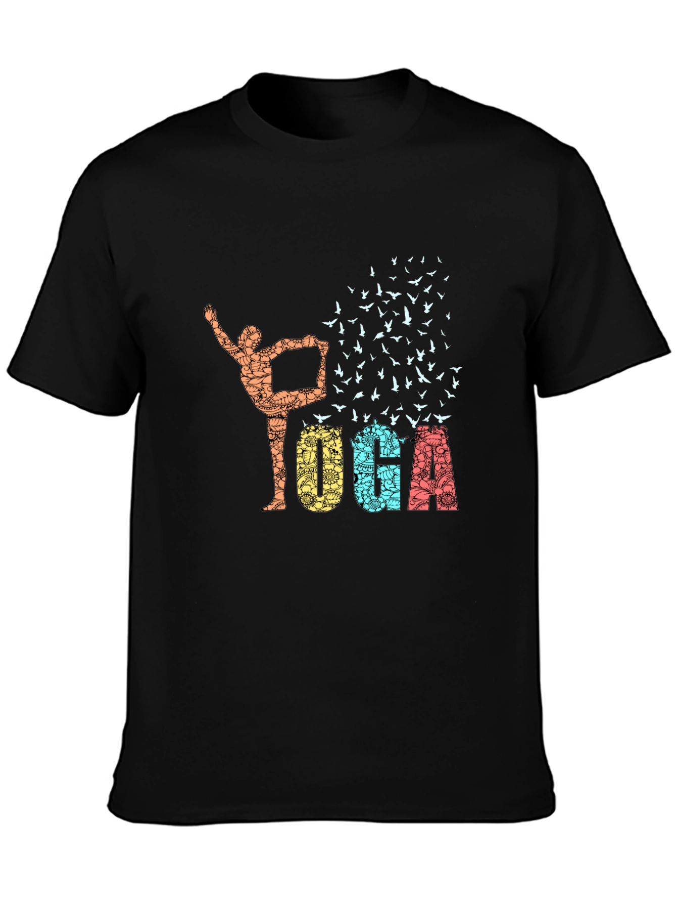 Black Yoga Pose & Birds Graphic Print Black T-Shirt view 3