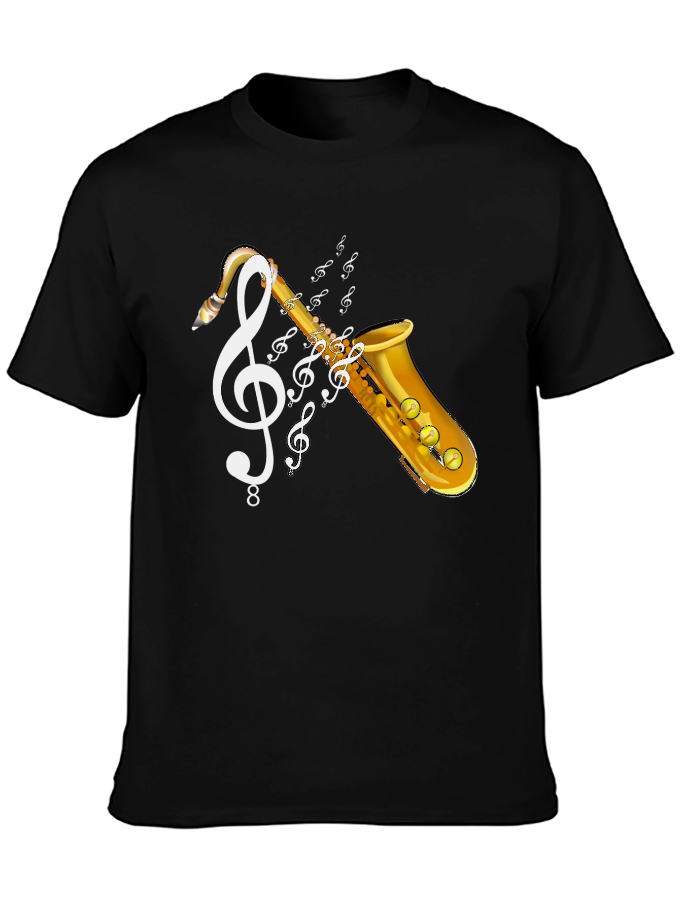 Black Saxophone Music T-Shirt - Musical Clef Design view 3