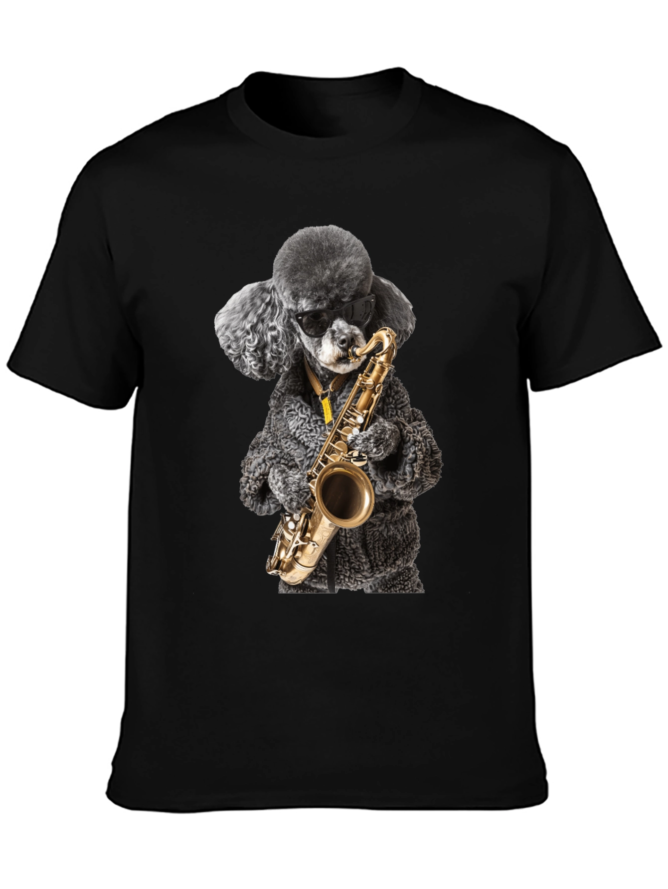 Black Cool Poodle Sax Player Graphic Tee view 3