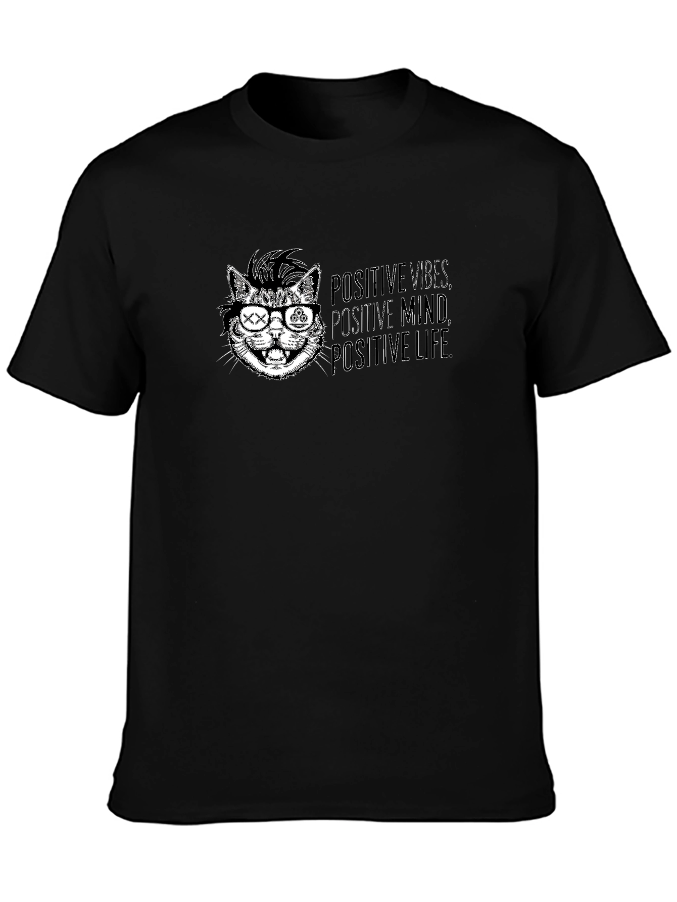 Black Positive Vibes Cat Graphic Tee - Cool Casual Style view 3