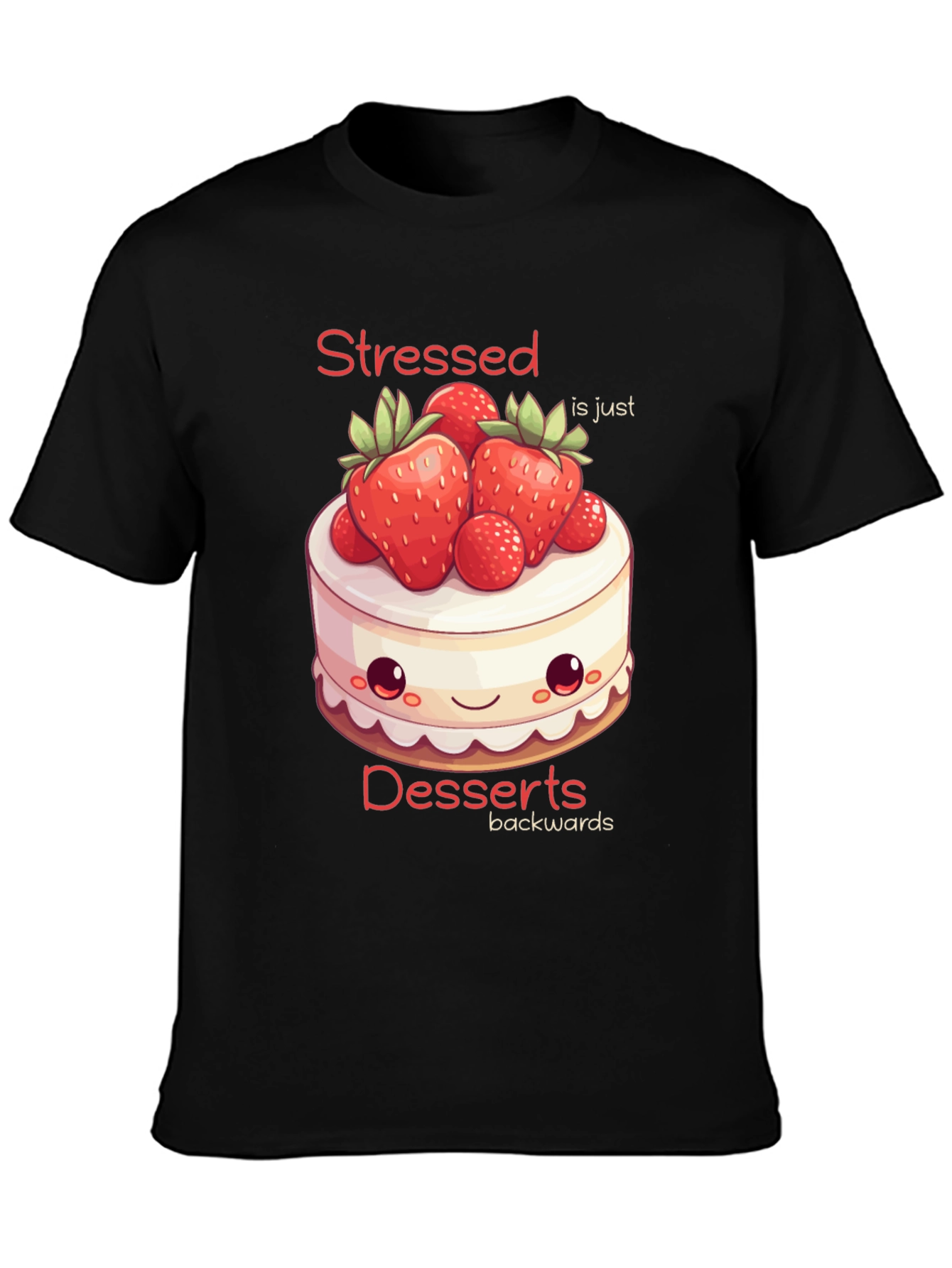Black Stressed is Desserts Backwards T-Shirt view 3