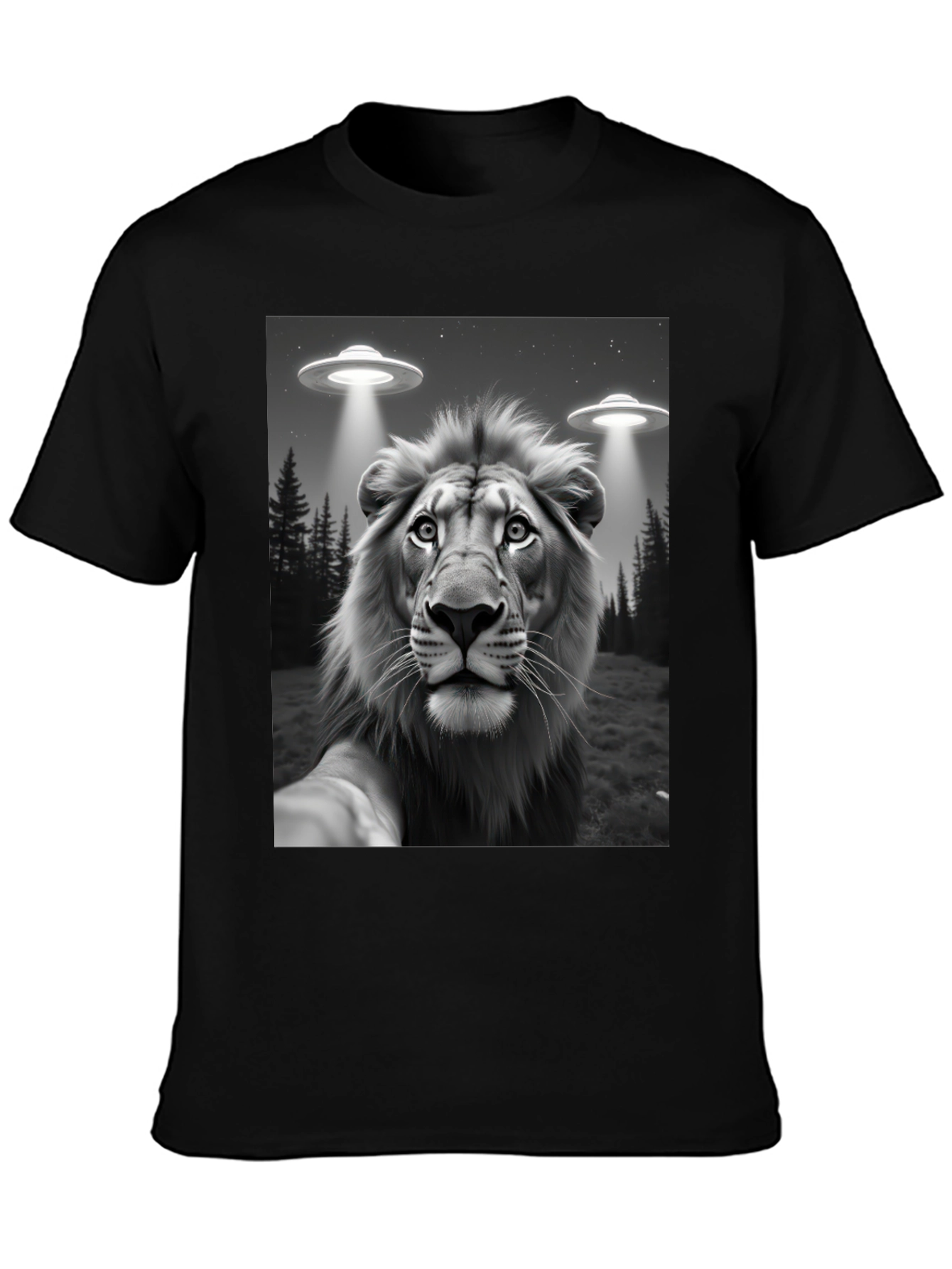 Black Lion Selfie UFO Abduction Graphic Tee view 3