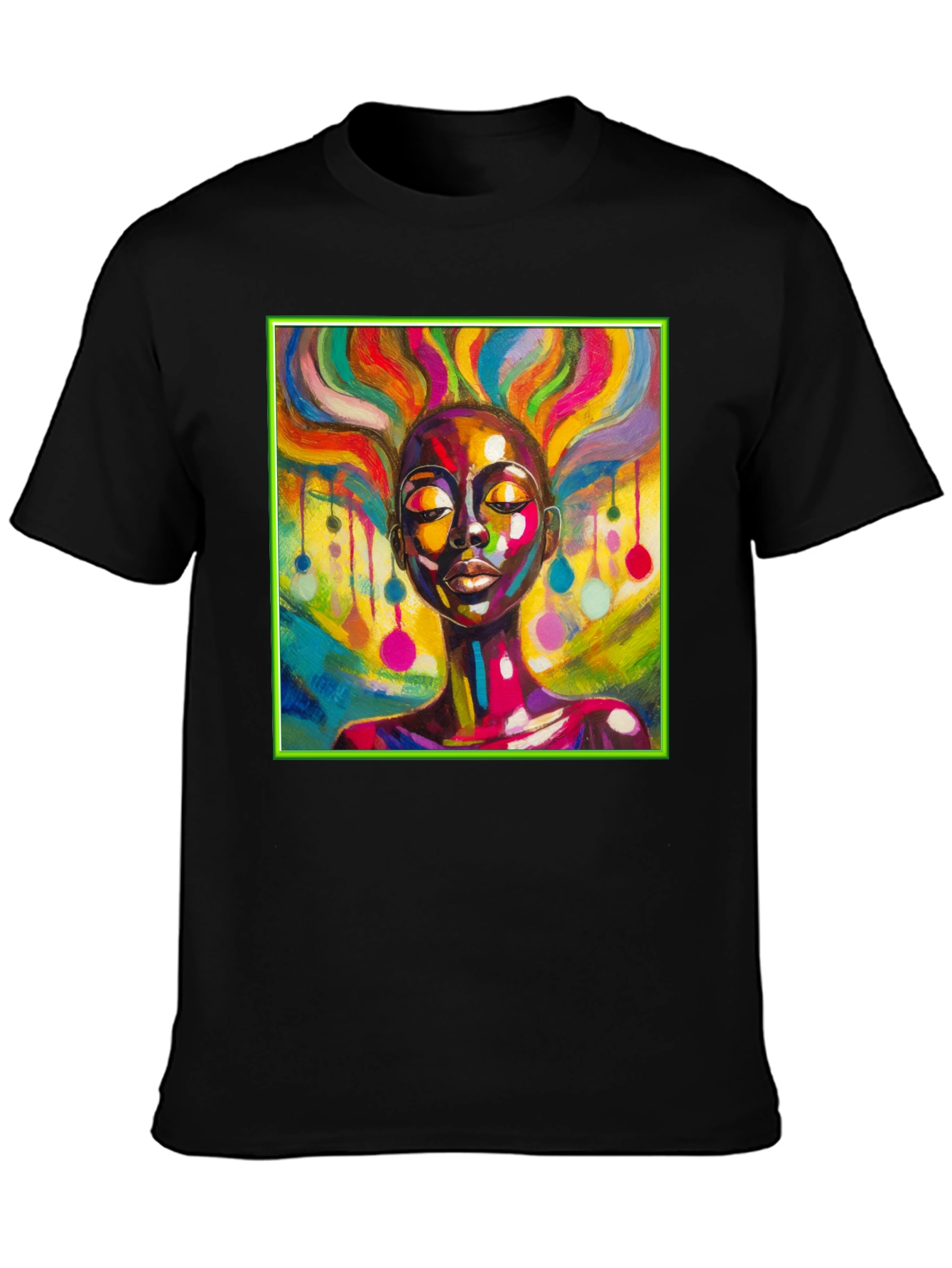 Black Vibrant Art T-Shirt: Colorful Woman Design view 3