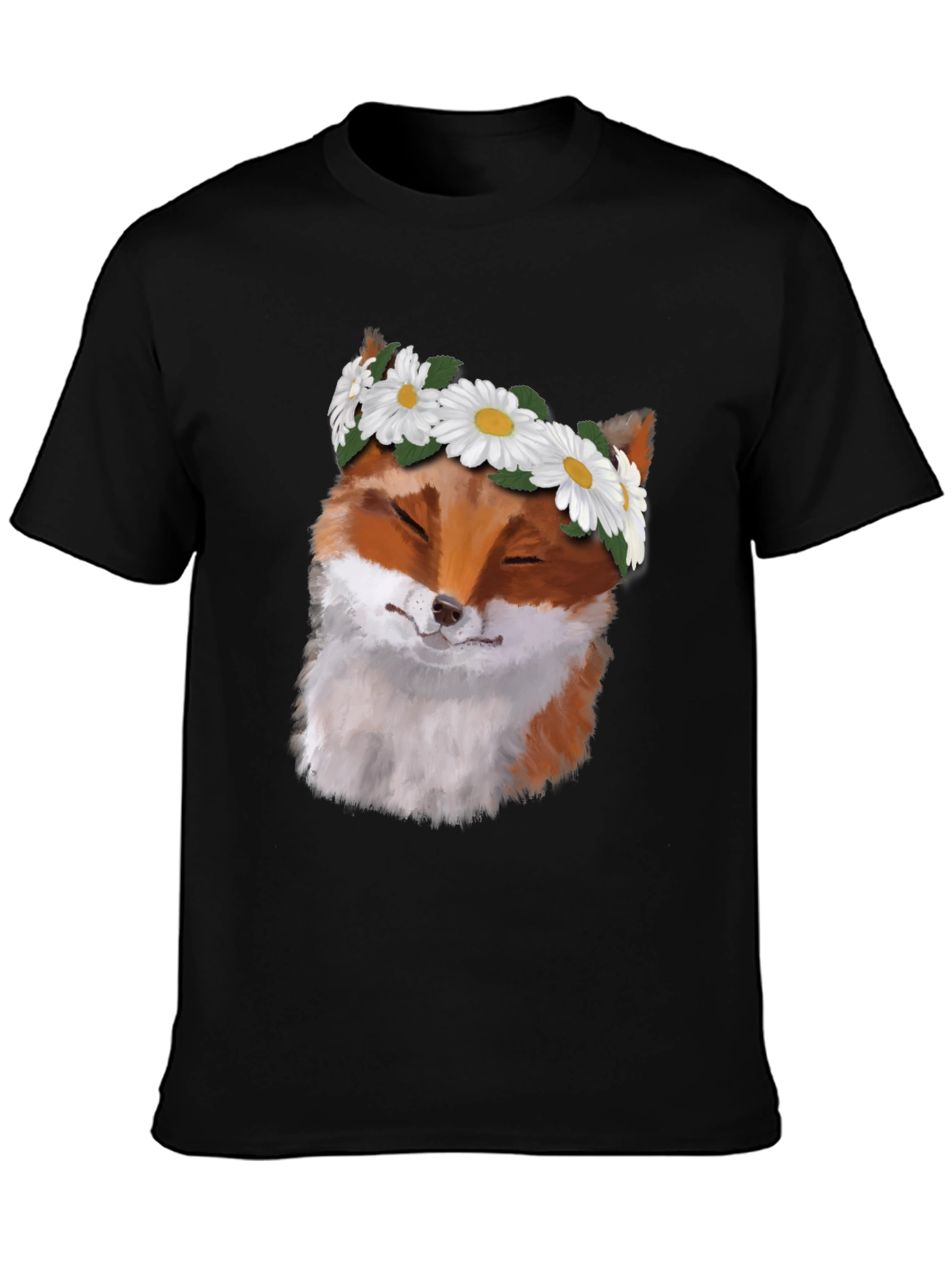 Black Fox with Daisy Crown Black T-Shirt - Unique Graphic Tee view 3
