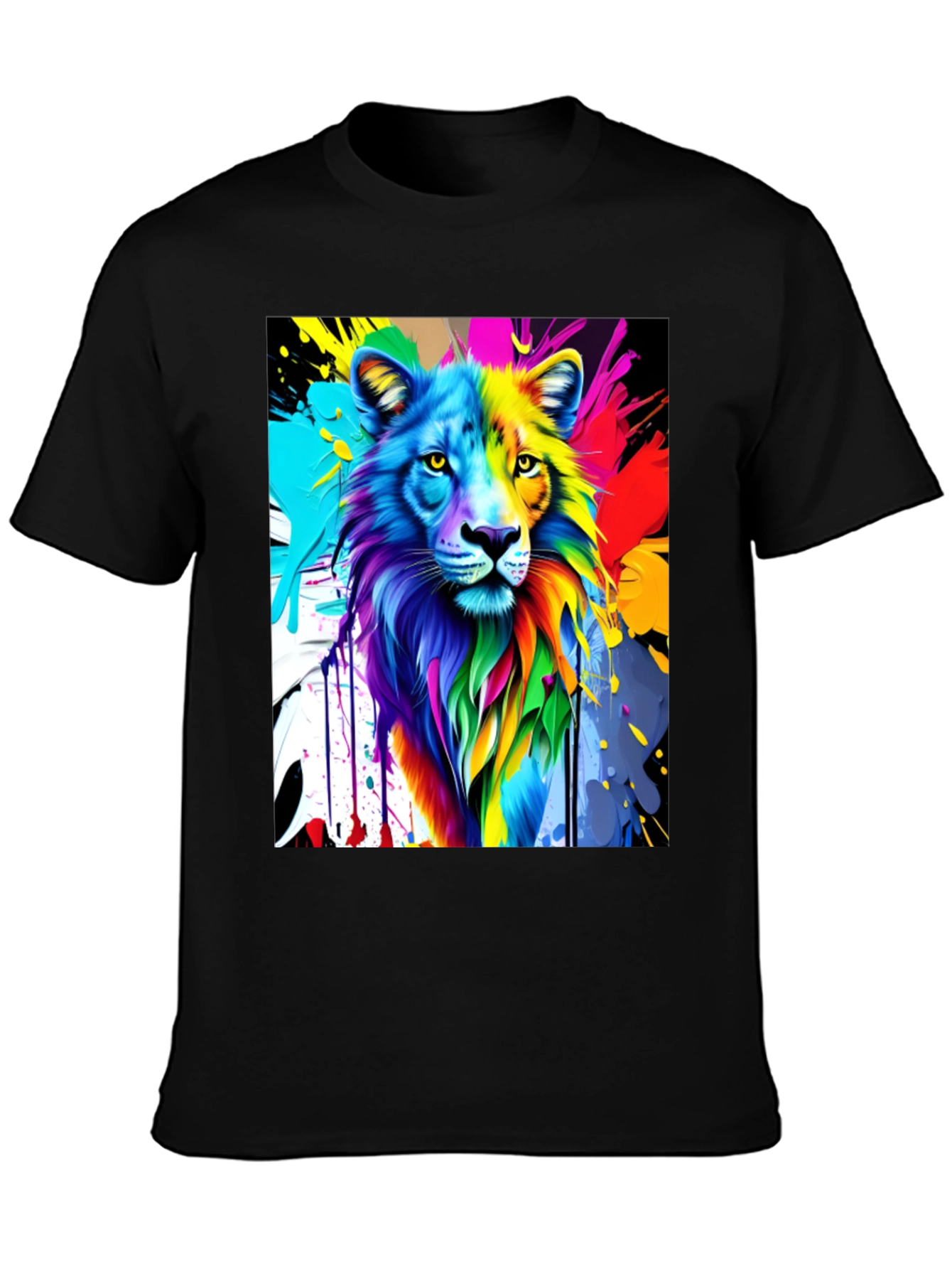 Black Colorful Lion Graphic Black T-Shirt view 3