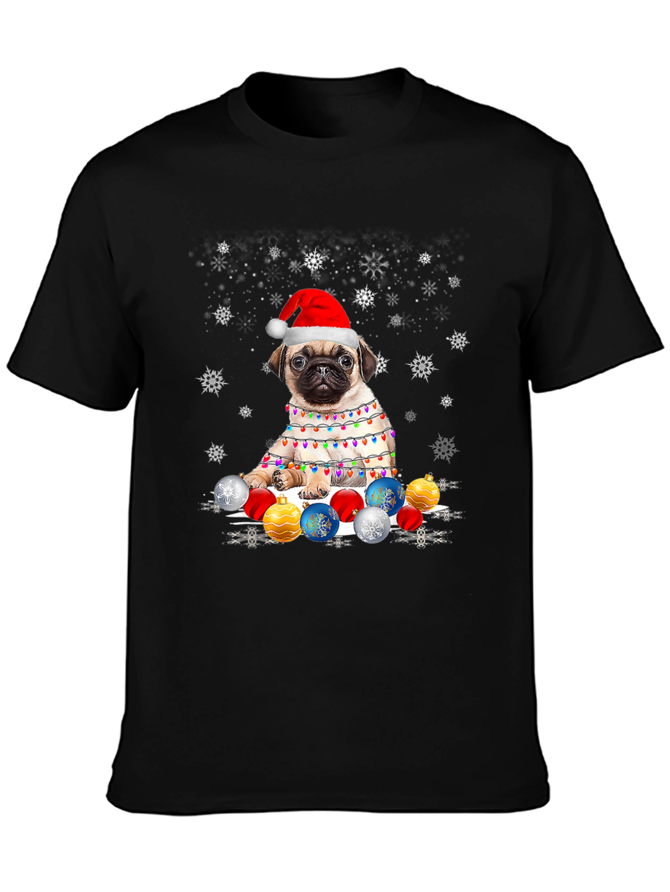 Black Festive Pug Christmas T-Shirt view 3