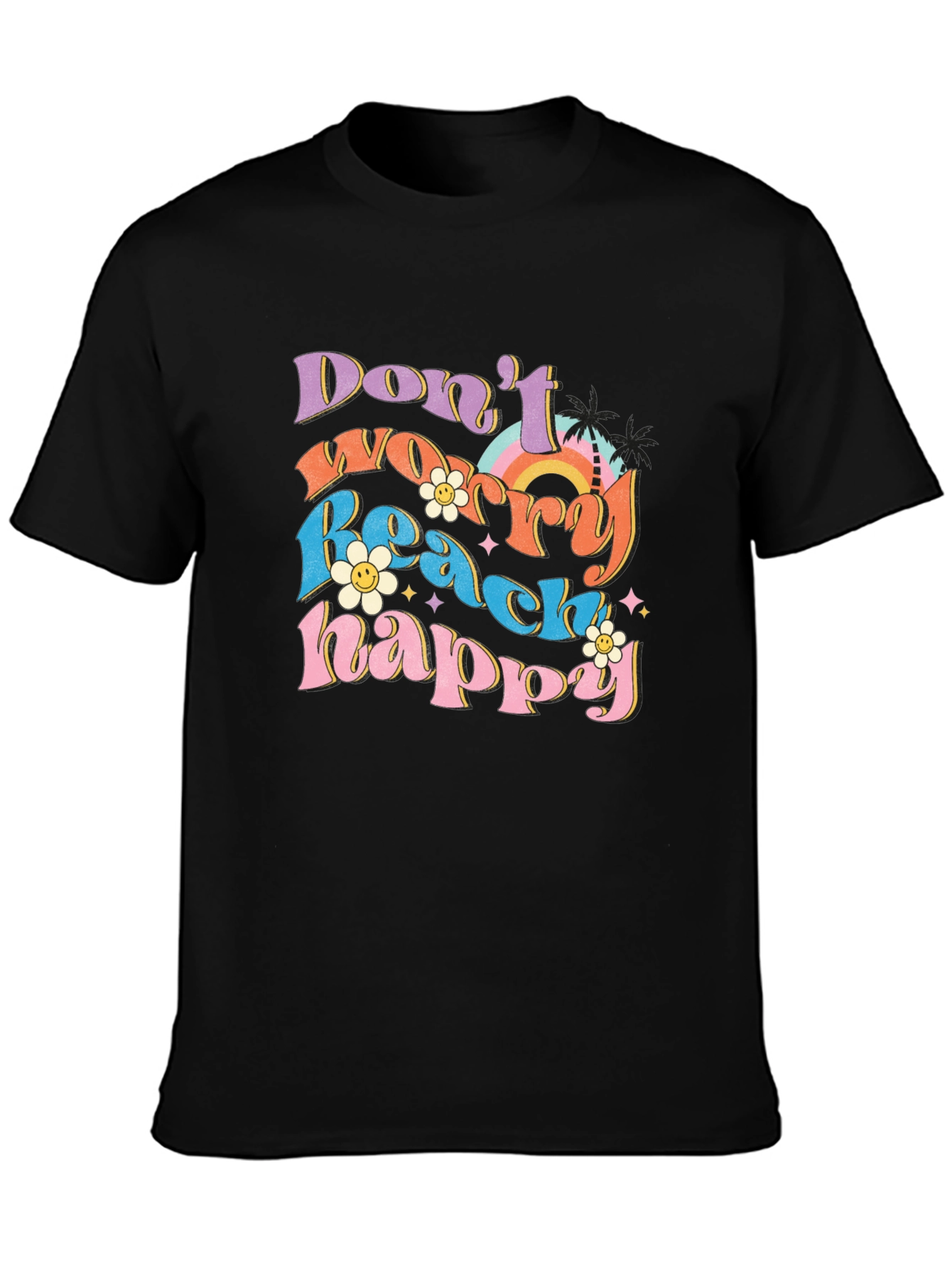 Black Don't Worry Beach Happy Graphic T-Shirt view 3
