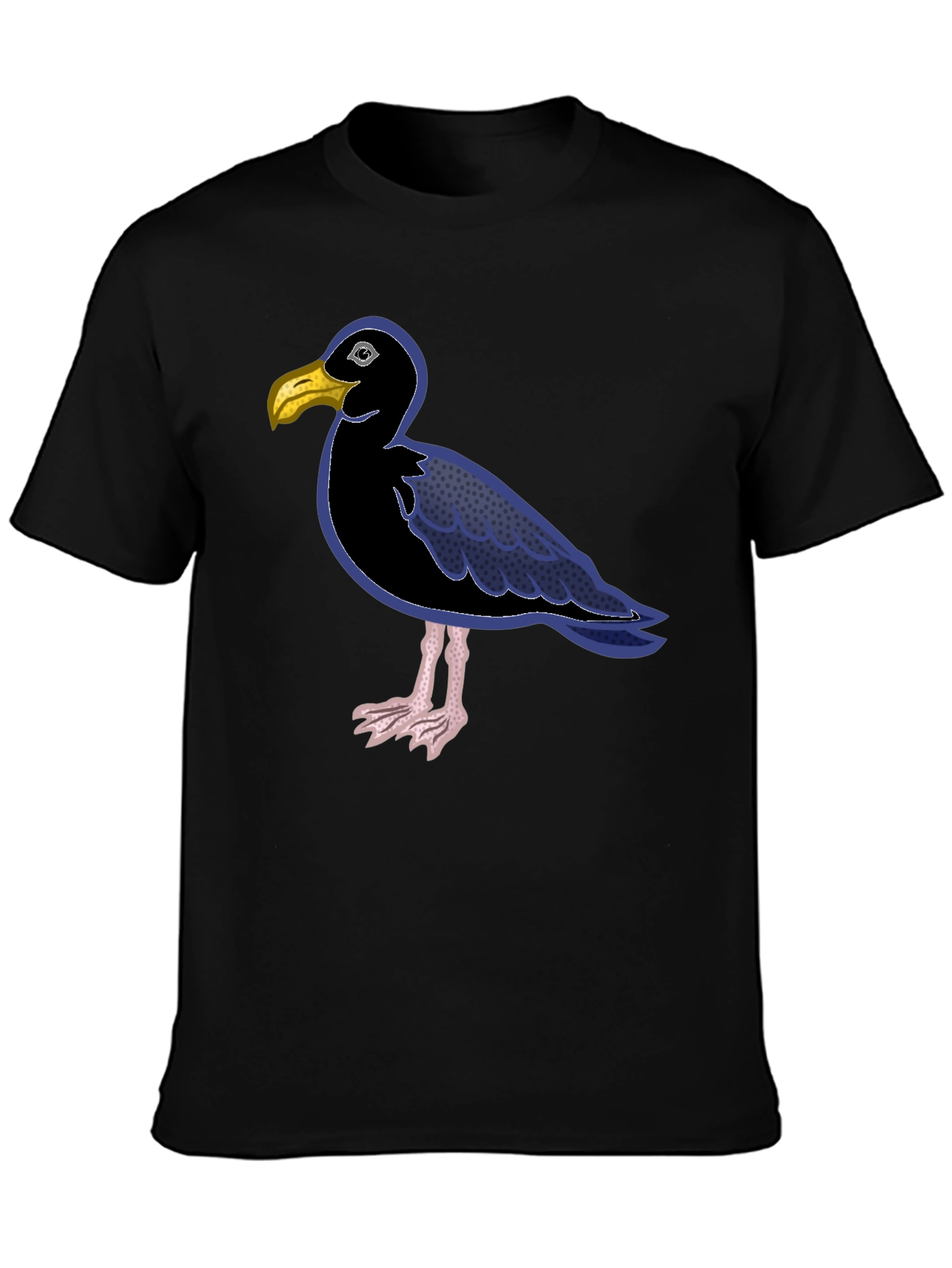 Black Black T-Shirt with Cartoon Seagull Design view 3
