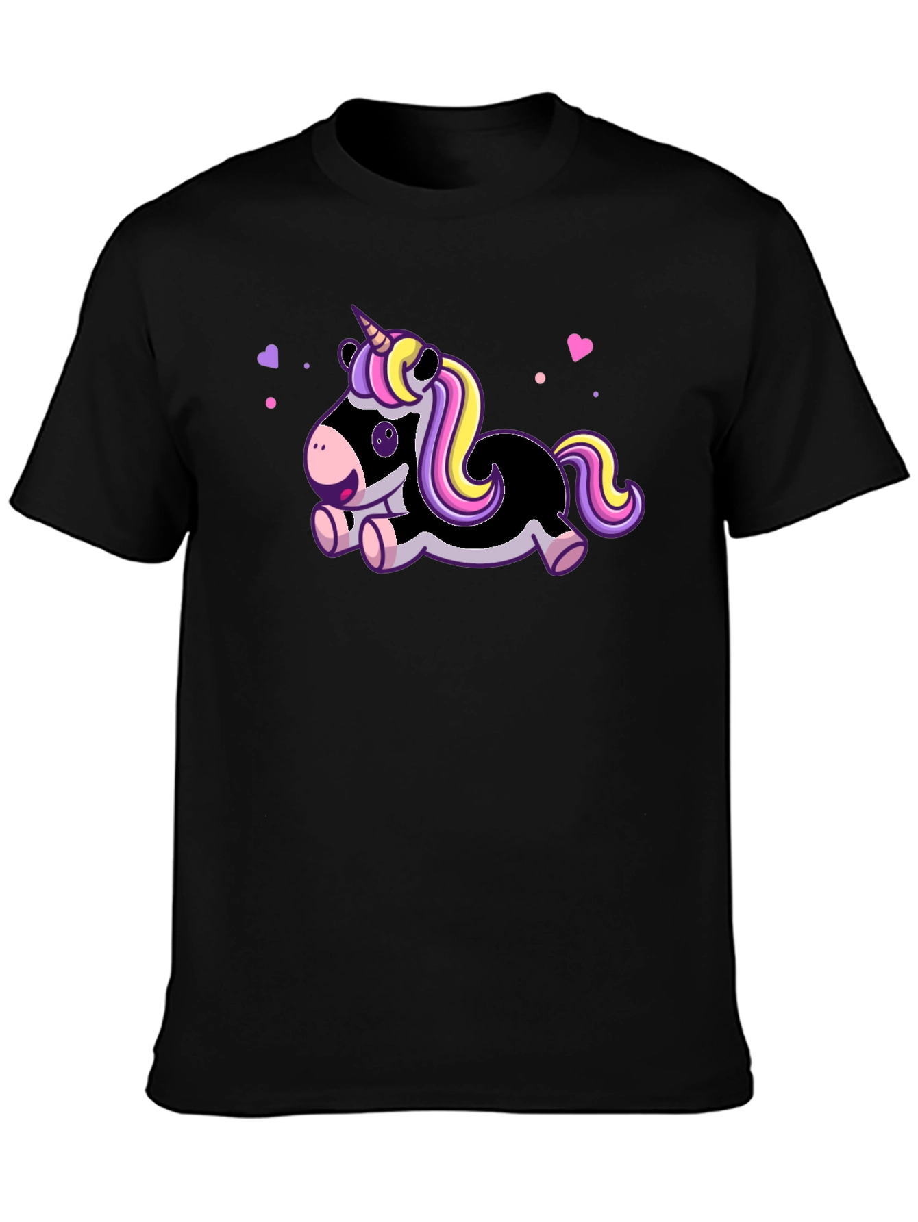 Black Cute Cartoon Unicorn Black T-Shirt view 3