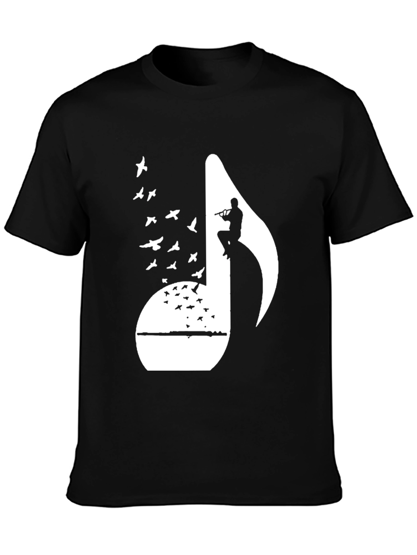Black Musical Note Flute Player Graphic Tee - Black Cotton T-Shirt view 3