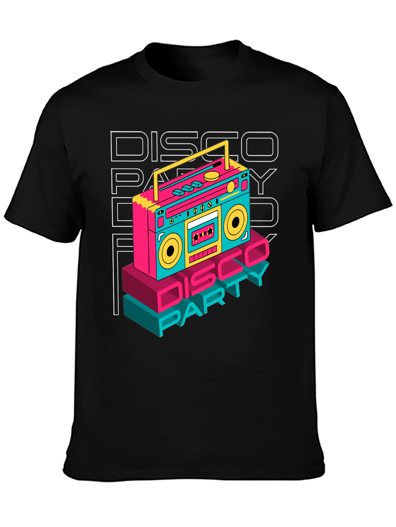 Black Retro Disco Party T-Shirt - Boombox Graphic view 3