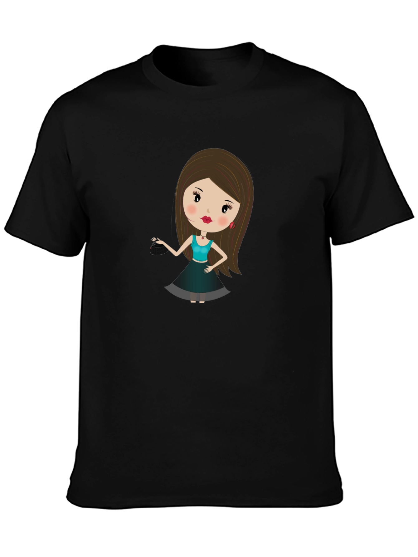 Black Cute Cartoon Girl Print Black T-Shirt view 3