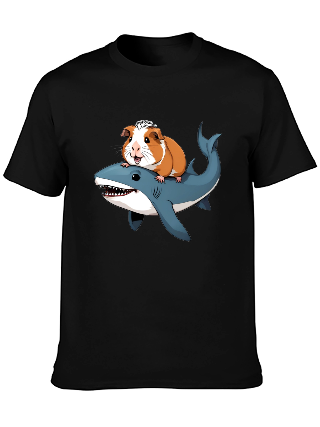 Black Guinea Pig Riding Shark Funny T-Shirt view 3