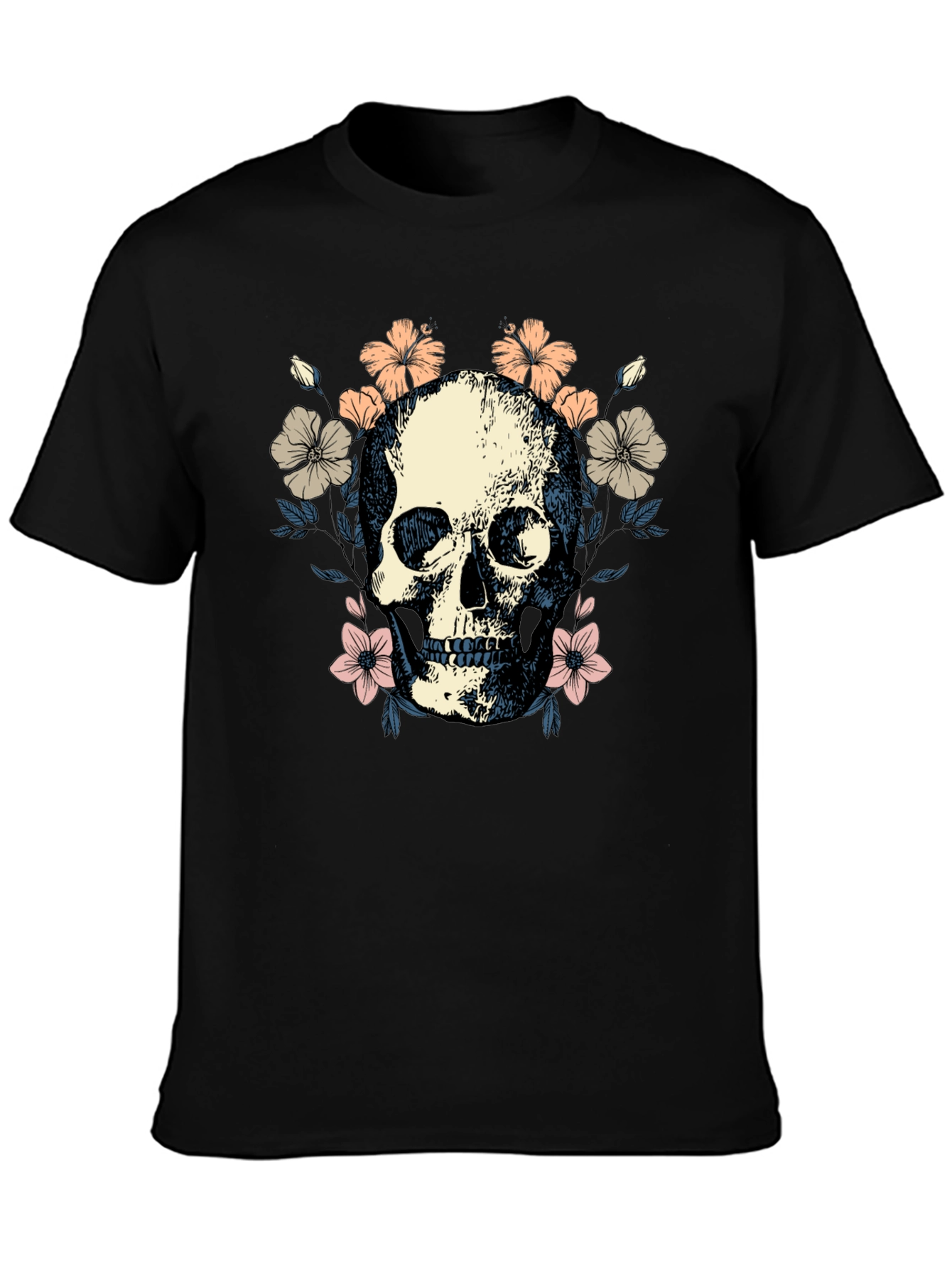Black Floral Skull Graphic Tee - Stylish Black T-Shirt view 3