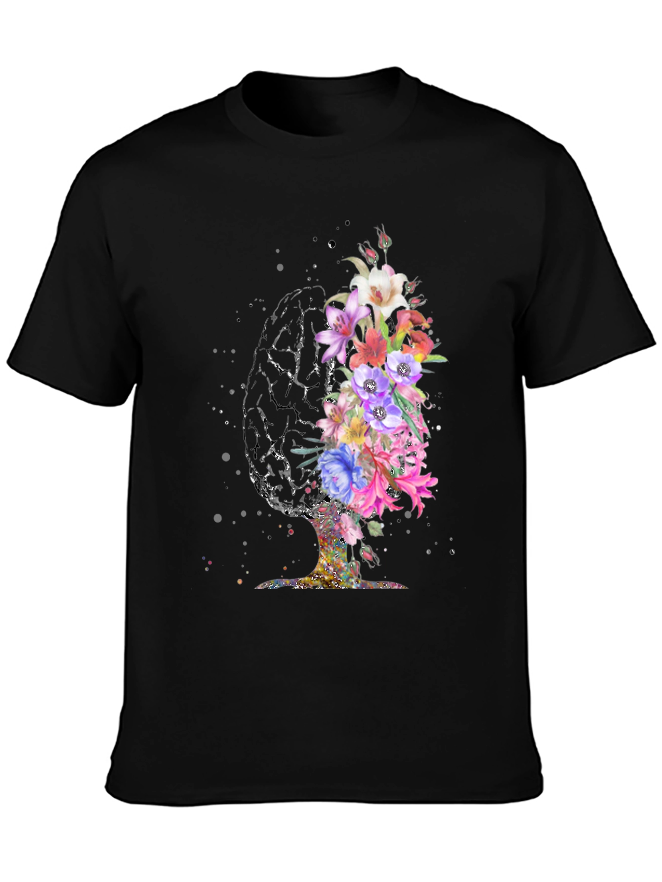 Black Floral Brain Graphic T-Shirt view 3