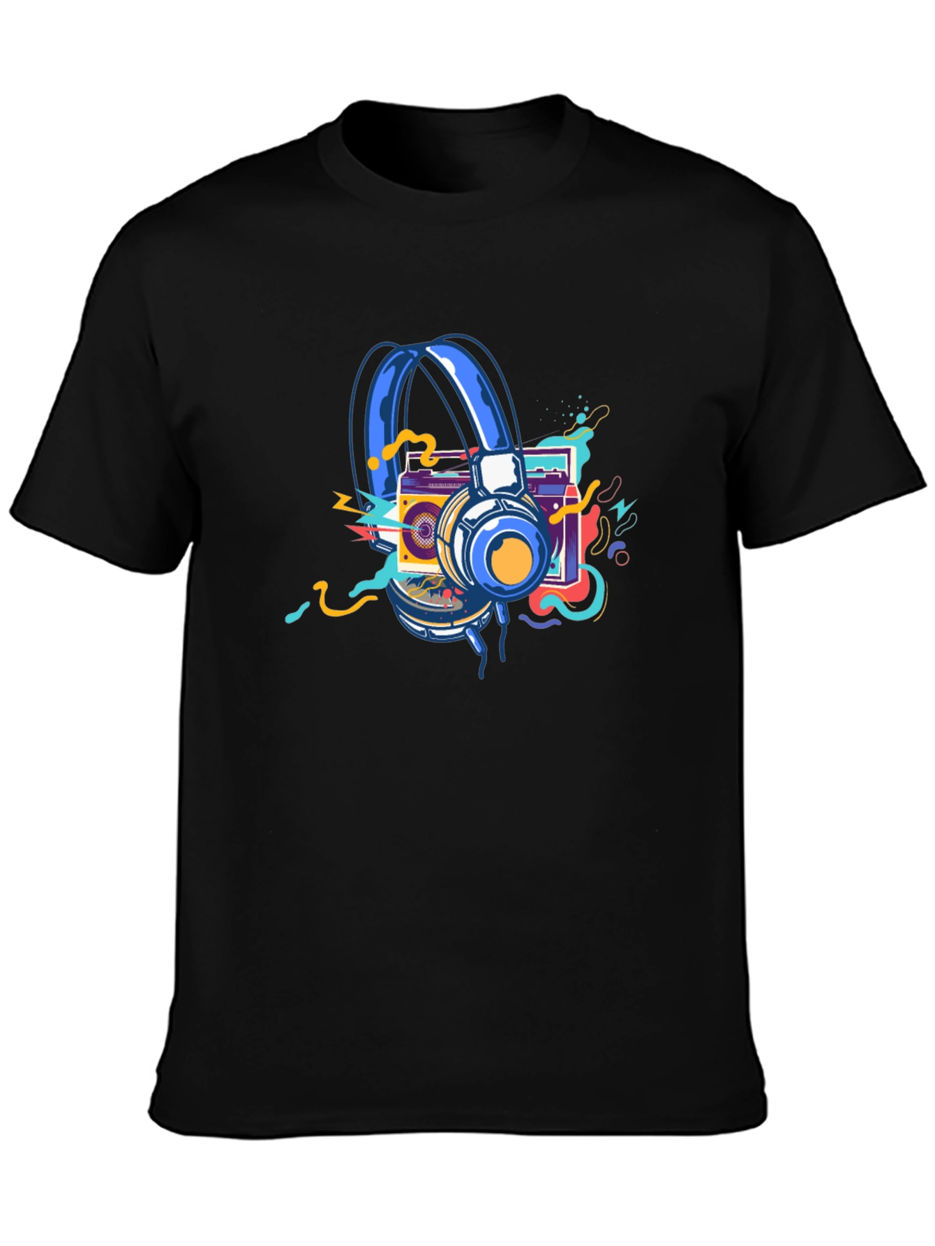 Black Retro Music Graphic T-Shirt: Headphones & Boombox view 3